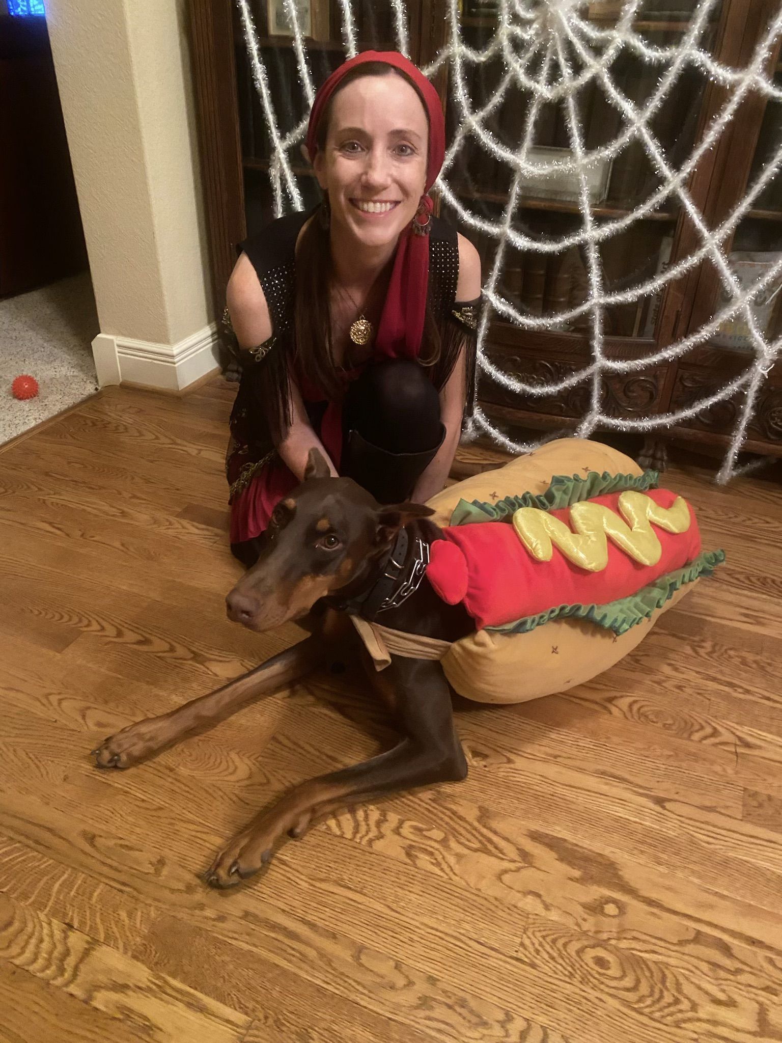 photo of dog in hot dog costume