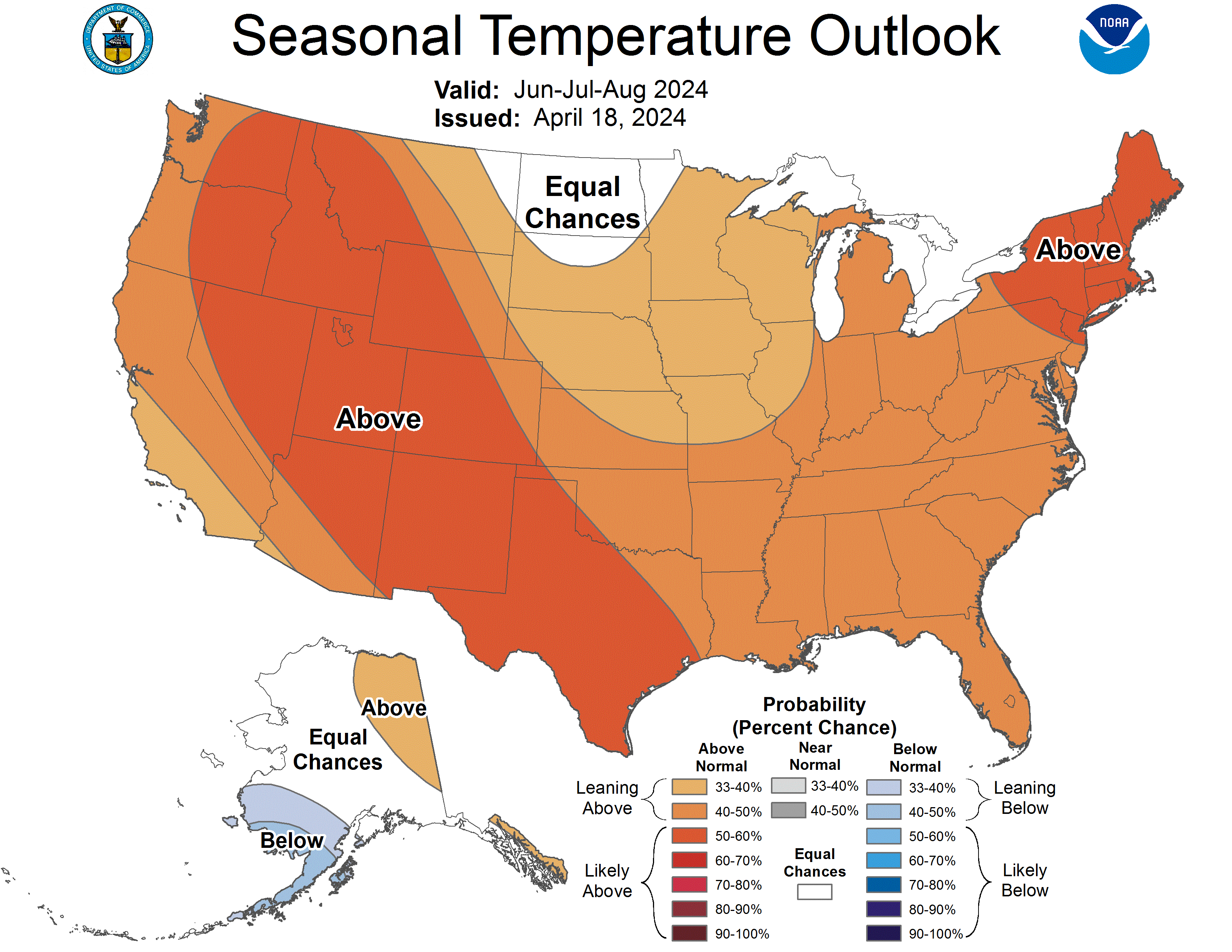 Map of U.S. temperature outlook, June to August