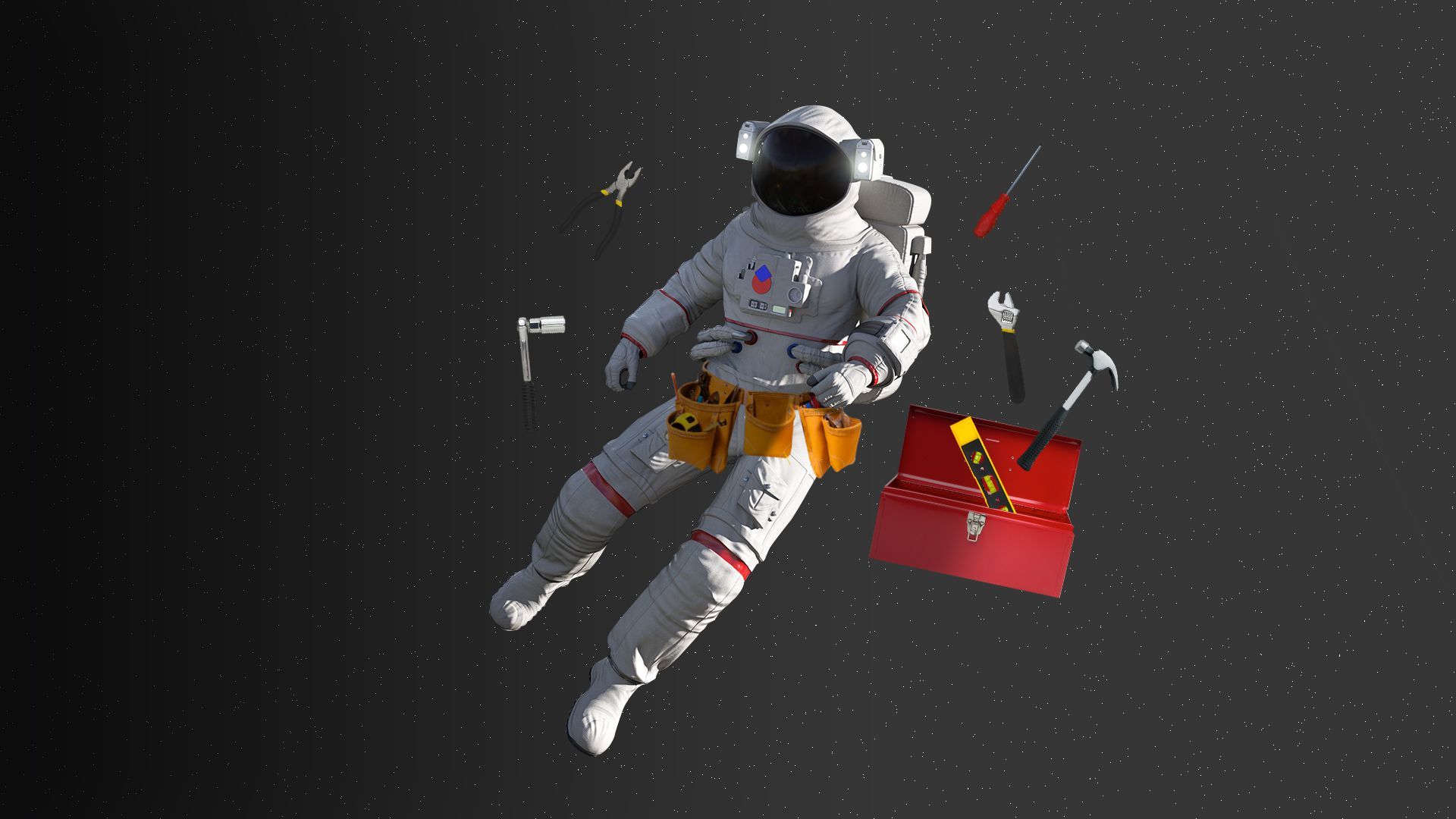 Illustration of an astronaut with a tool belt surrounded by a tool box and floating tools. 