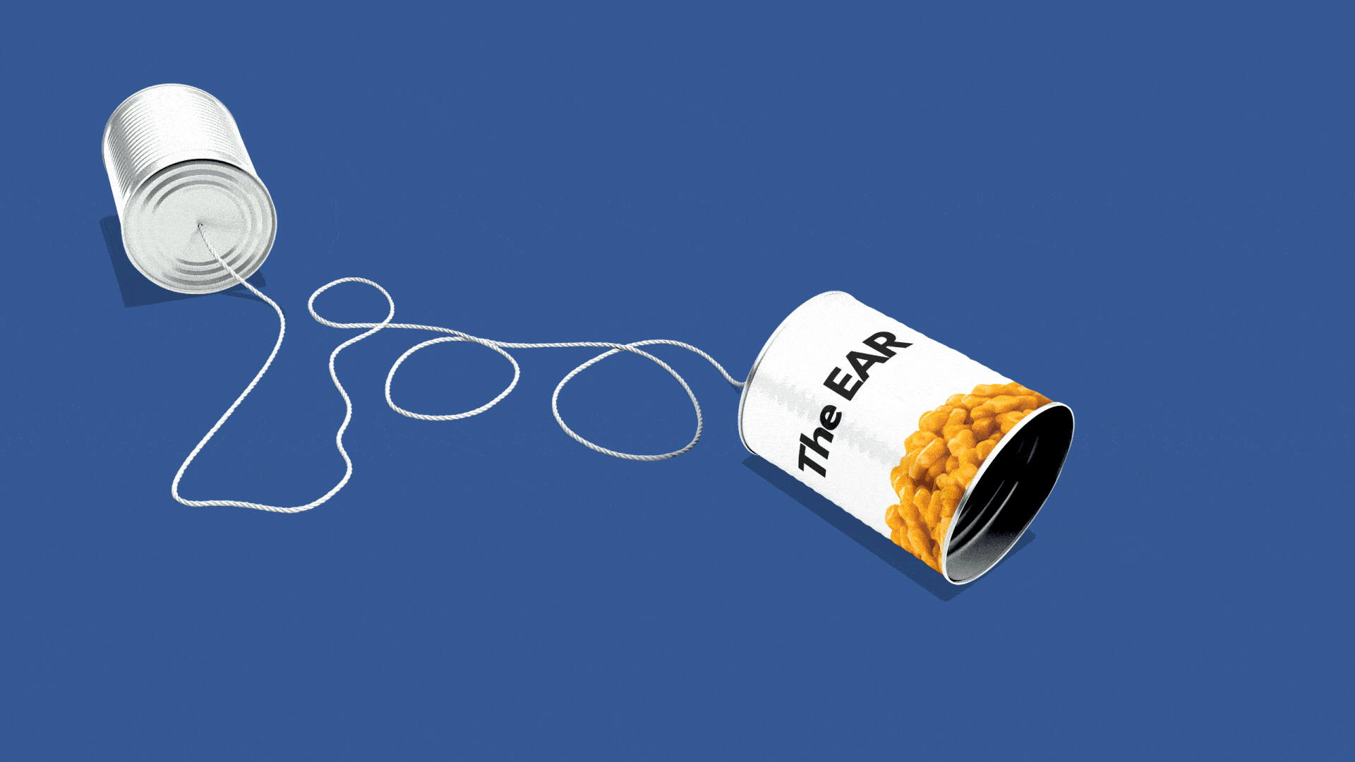 Illustration of a tin-can phone with one end covered in a wrapper with "The Ear" printed on it, and lightning bolts coming out of it.