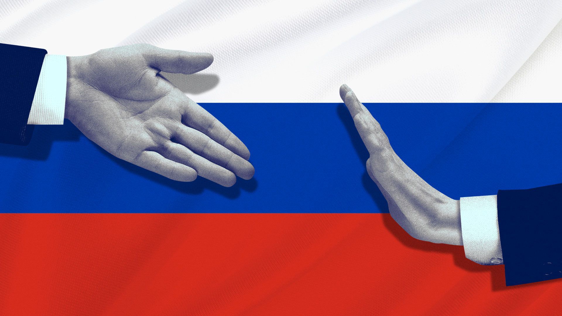 Illustration of a outstretched hand about to shake a stopped hand in front of a Russian flag