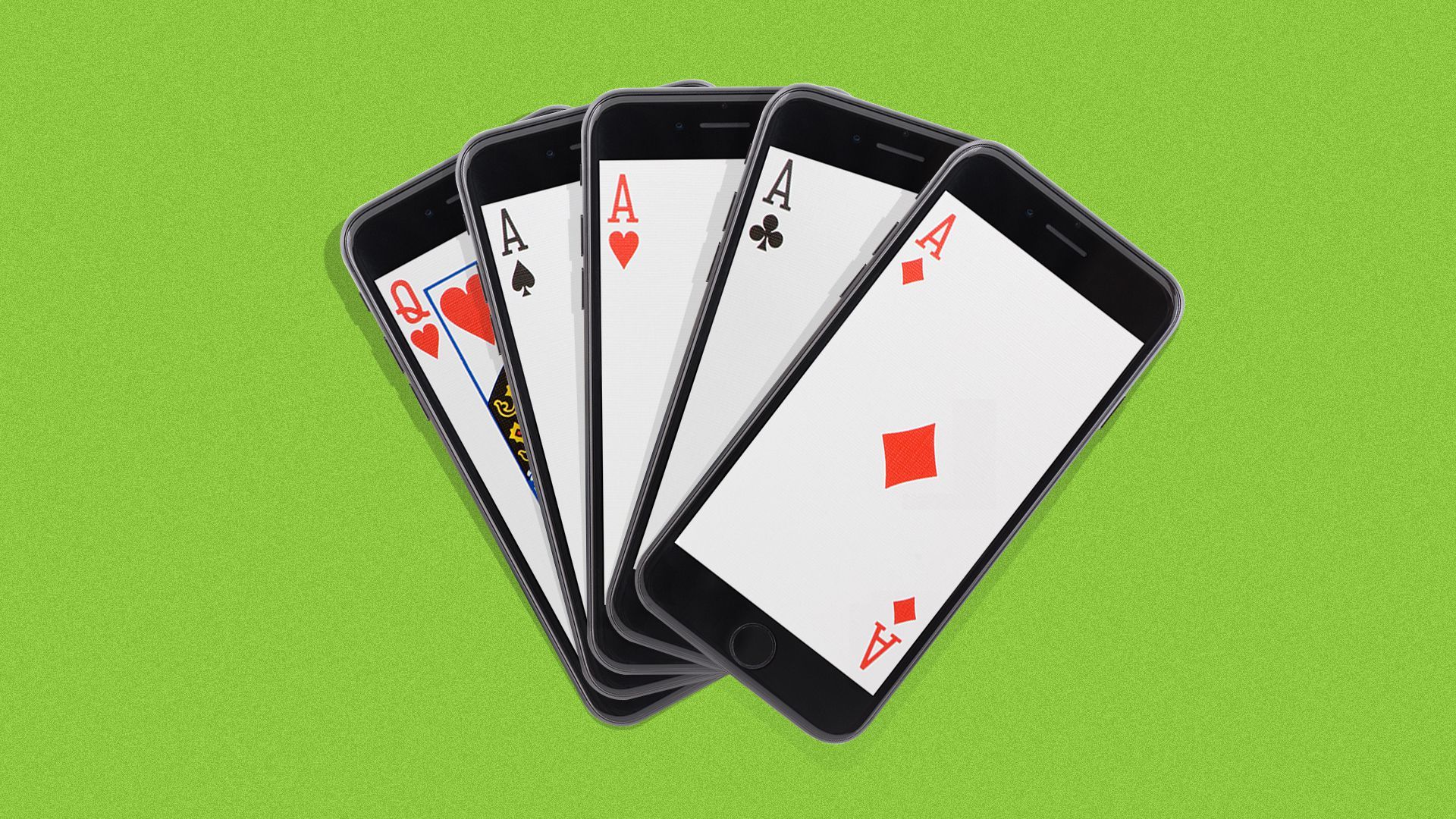 Illustration of a hand of high cards in five separate mobile phones. 