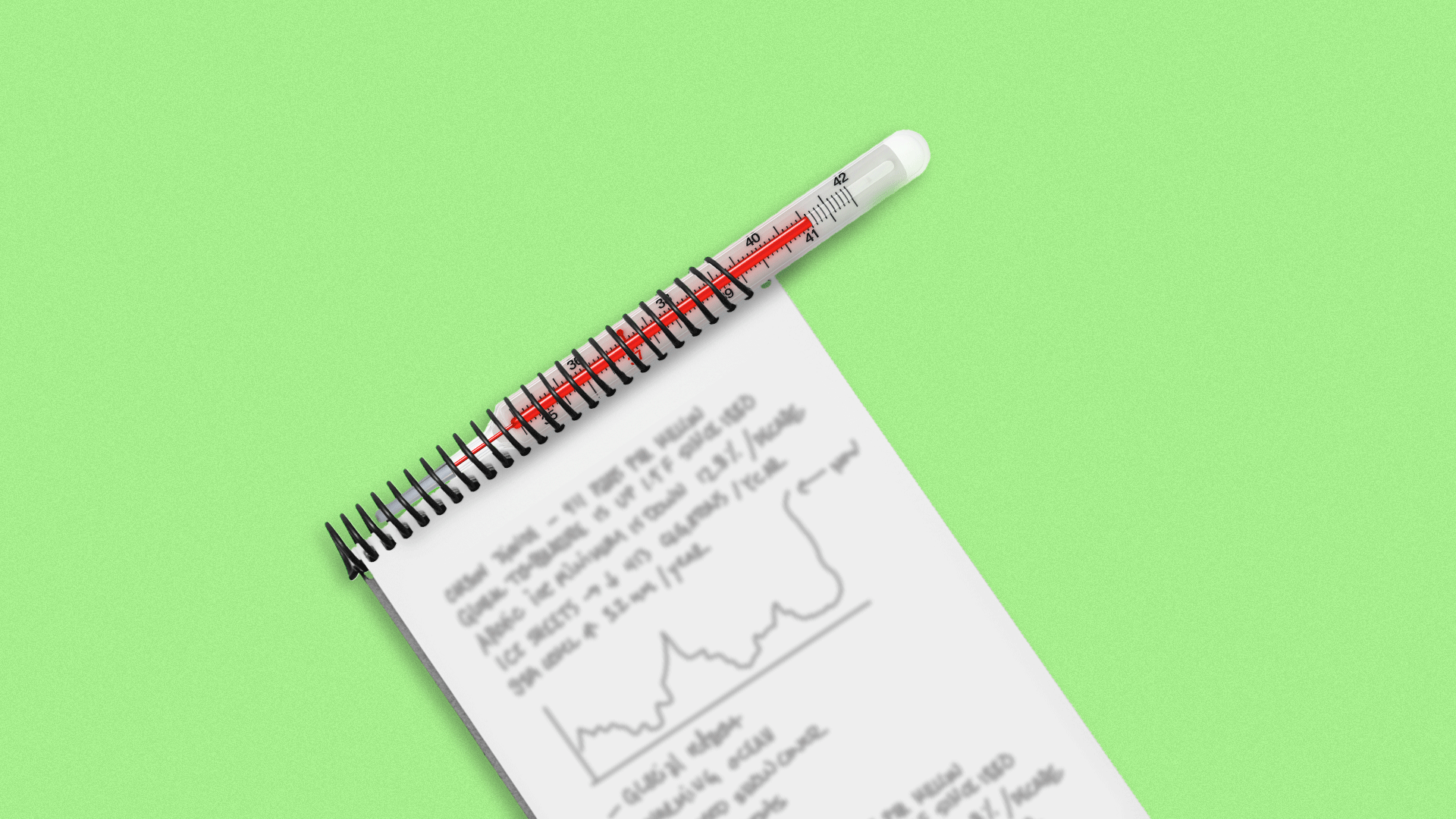 Illustration of a reporter's notebook with a thermometer in the spiral.