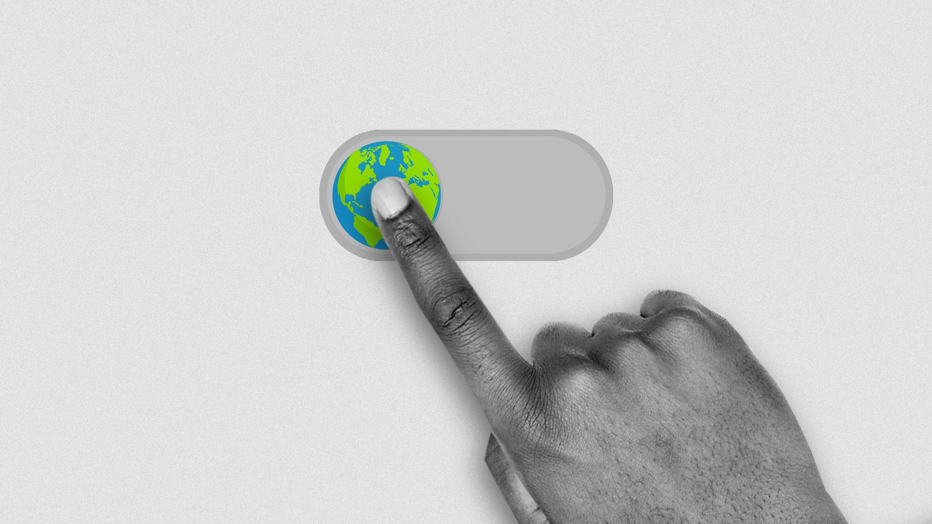  Illustration of an on off digital toggle in the shape of the Earth with a hand reaching over it to swipe it right.  