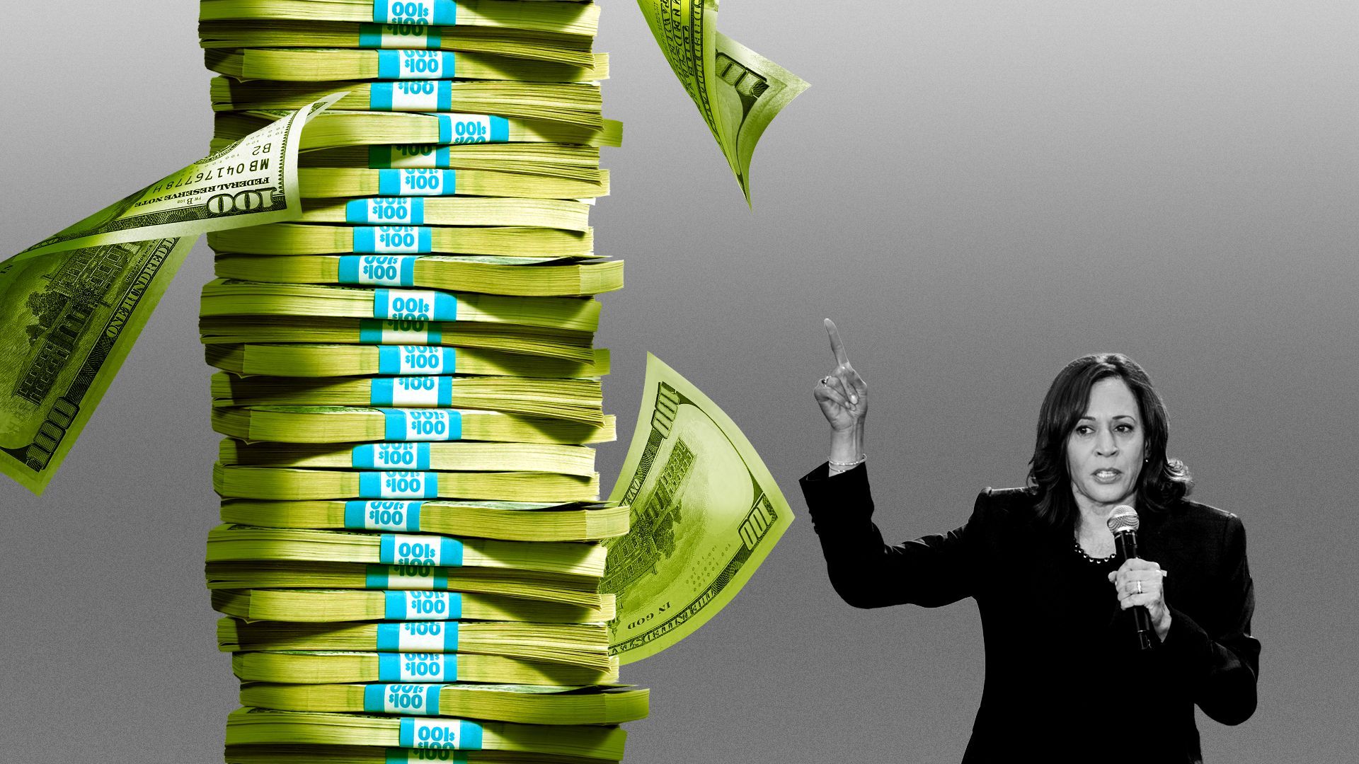 Photo illustration of Vice President Kamala Harris pointing to an oversized stack of hundred dollar bills 