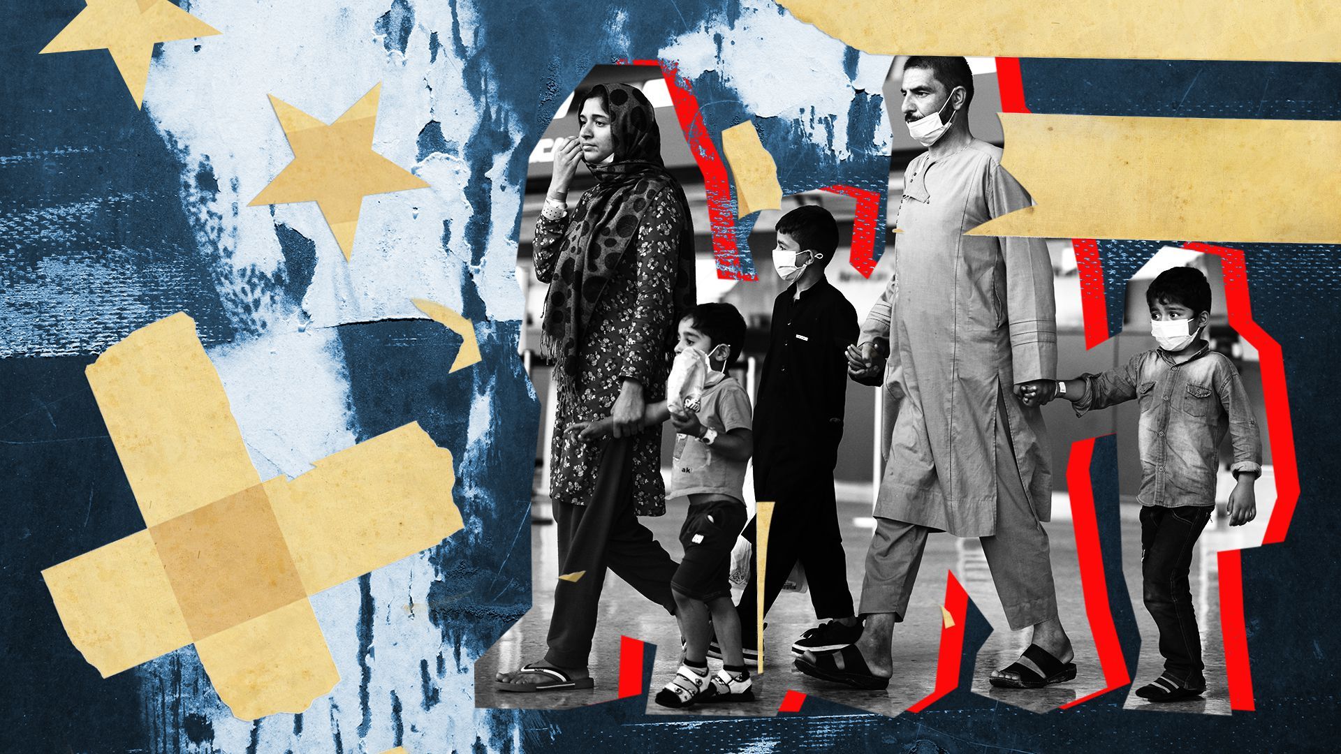 Photo illustration of an Afghan family with masking tape and torn paper.