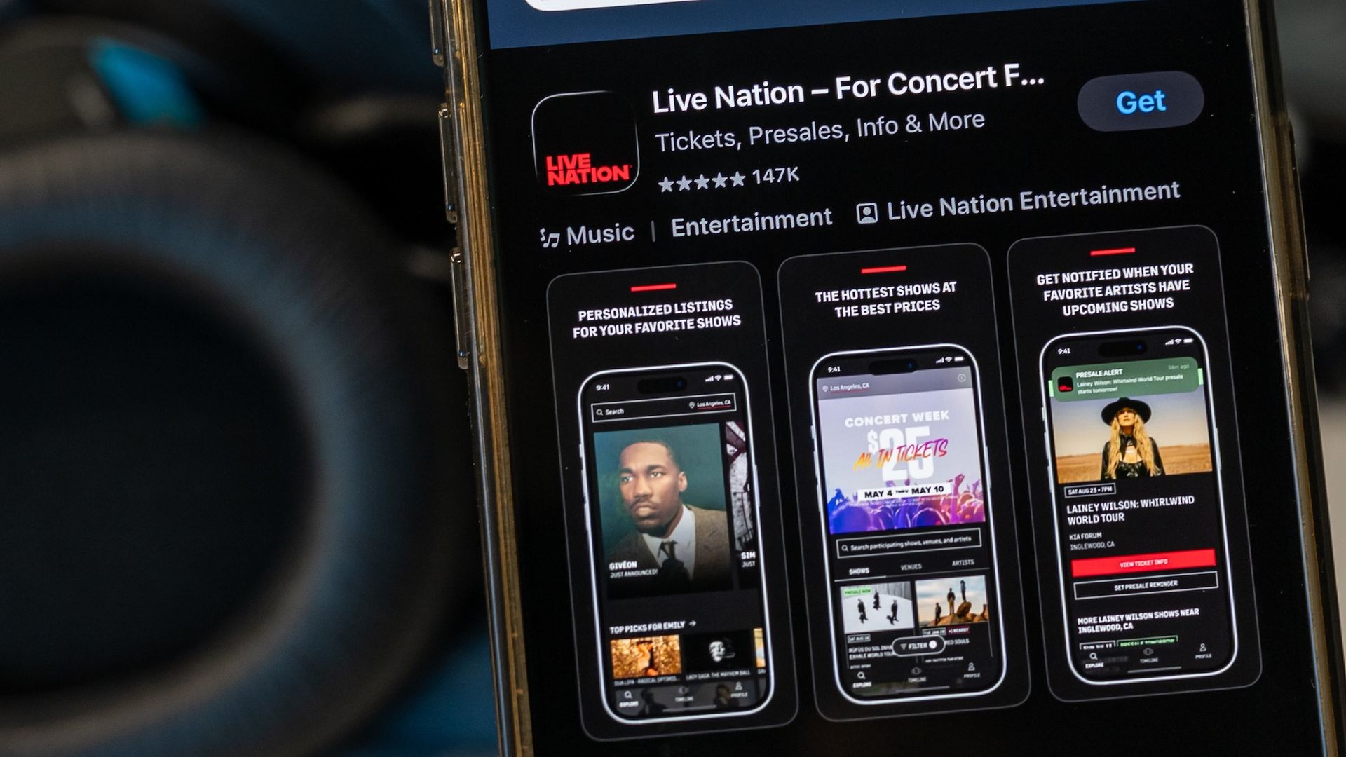 A Live Nation concert app on a smartphone