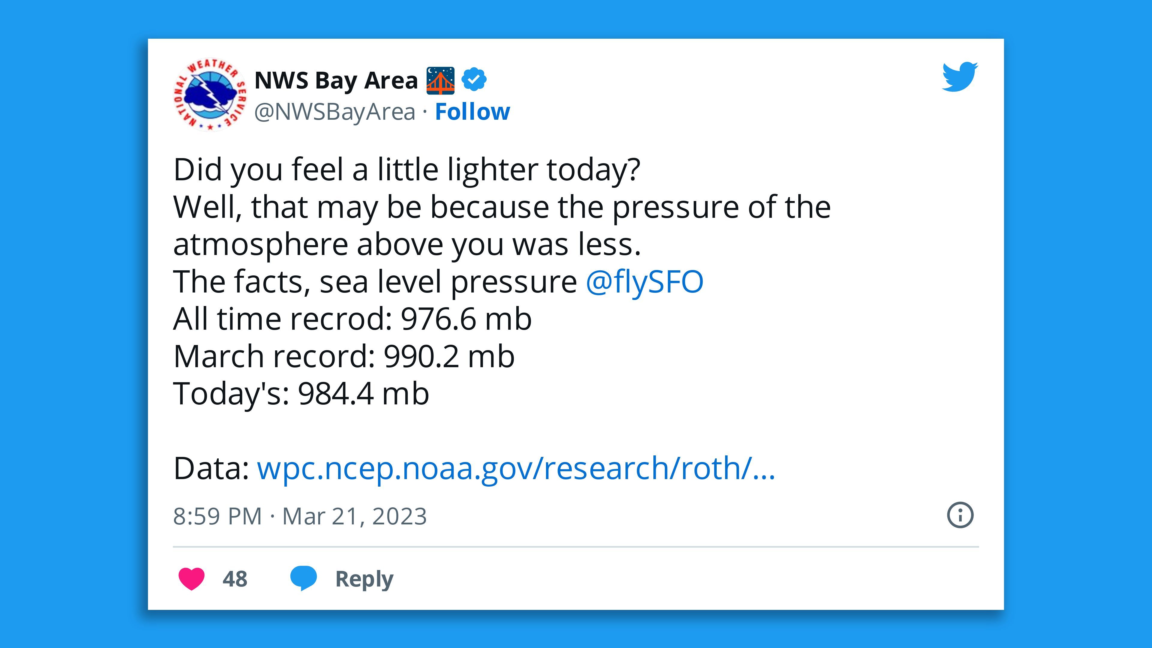 A screenshot of an NWS Bay Area tweet saying it has today recorded the lowest pressure ever for March during this storm