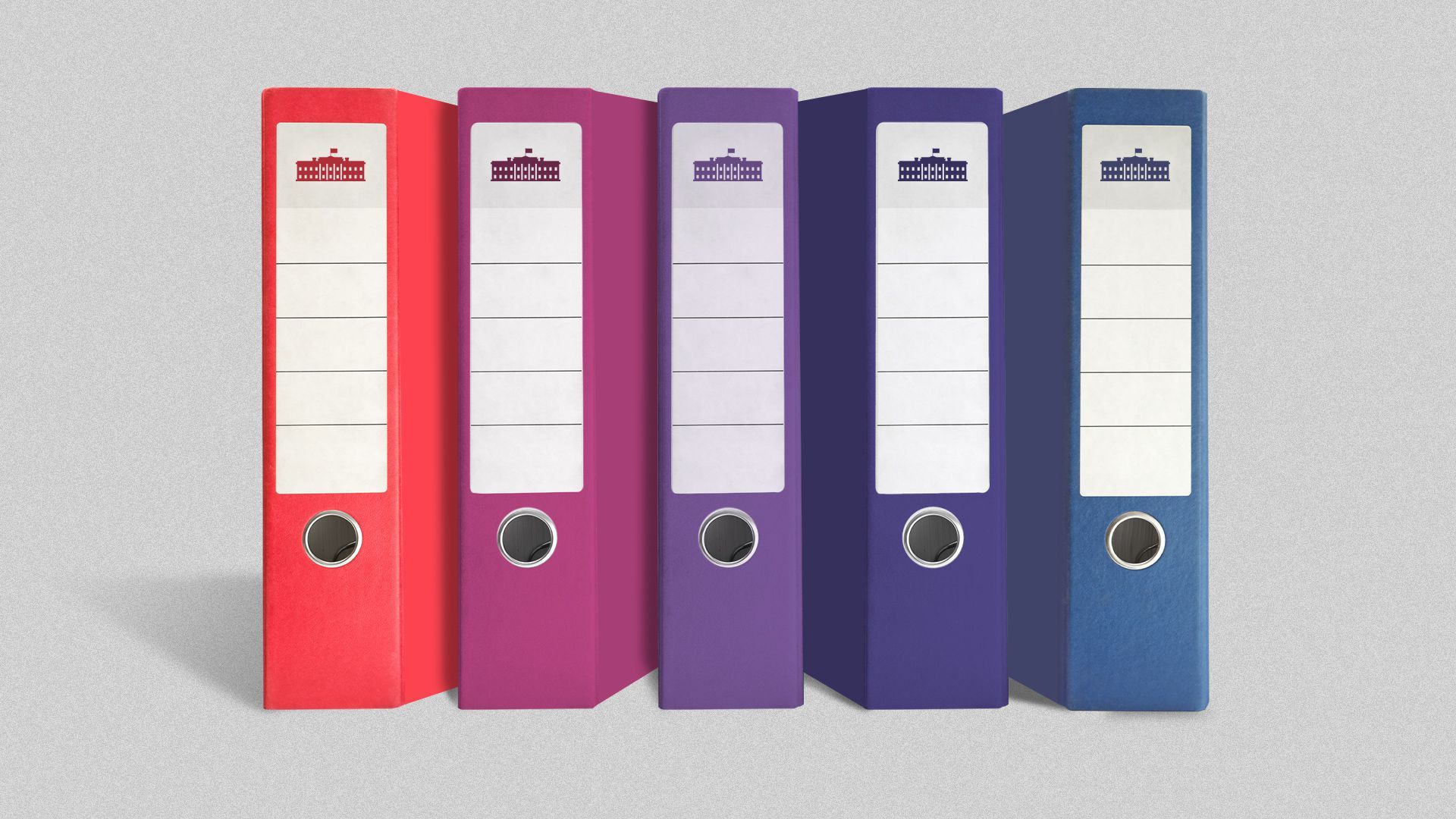 Illustration of a line of binders shifting in color from red to blue. 