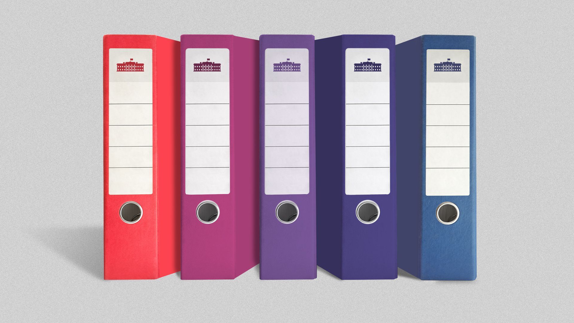 Illustration of a line of binders shifting in color from red to blue.