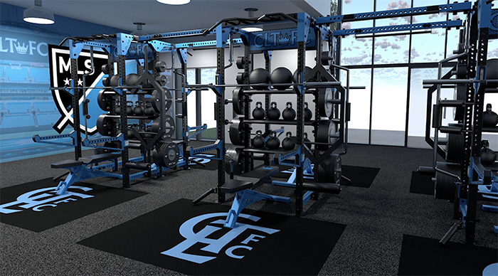 Charlotte FC's Atrium Health Performance Park weight room.