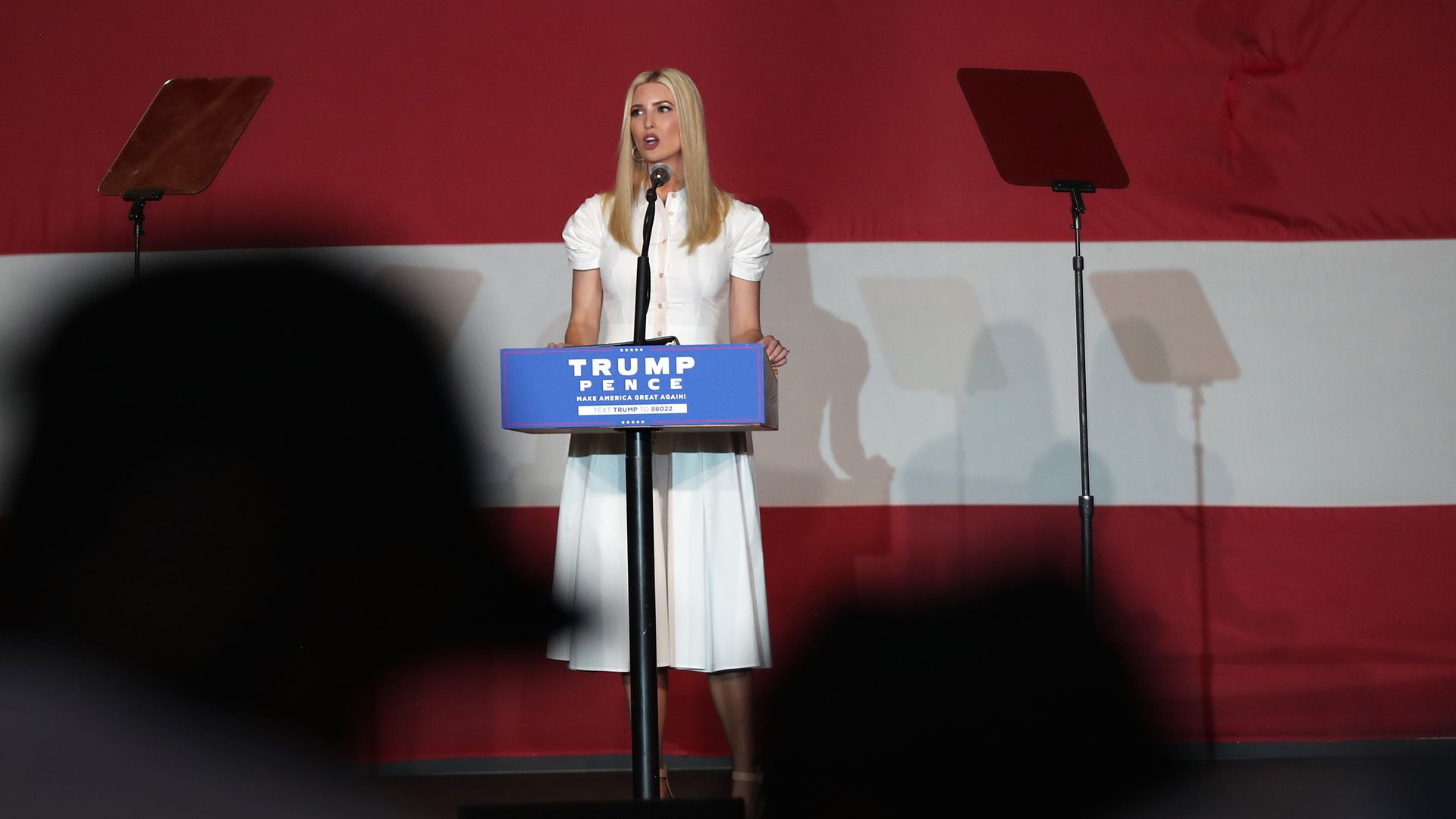 Photo of Ivanka Trump speaking behind a podium at a campaign event for President Donald Trump