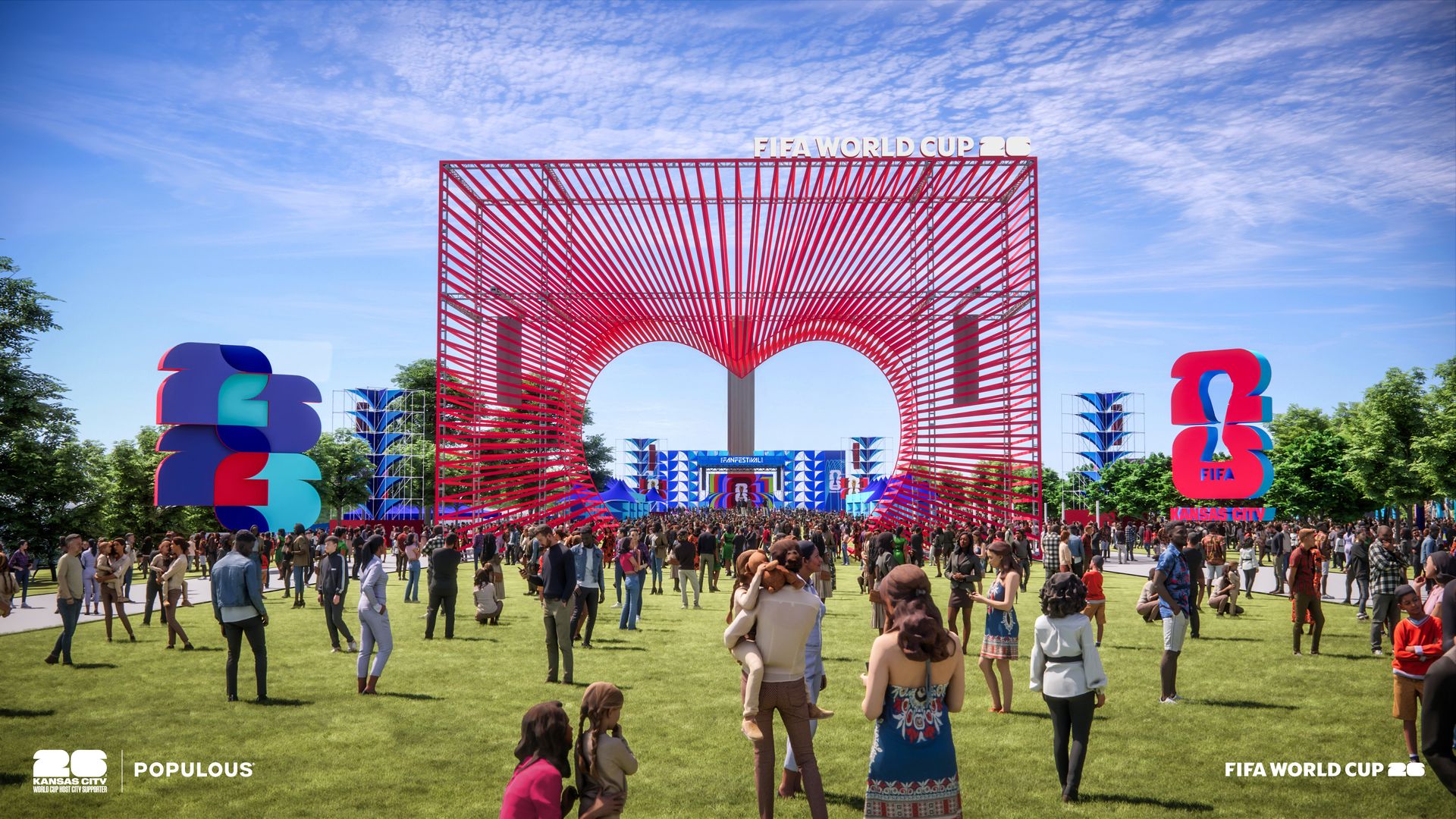 Rendering shows people gathered at the National WWI Museum and Memorial's south lawn with a large red geometric heart frame and blue, red, and teal 2026 FIFA World Cup Kansas City sculptures under a partly cloudy blue sky.