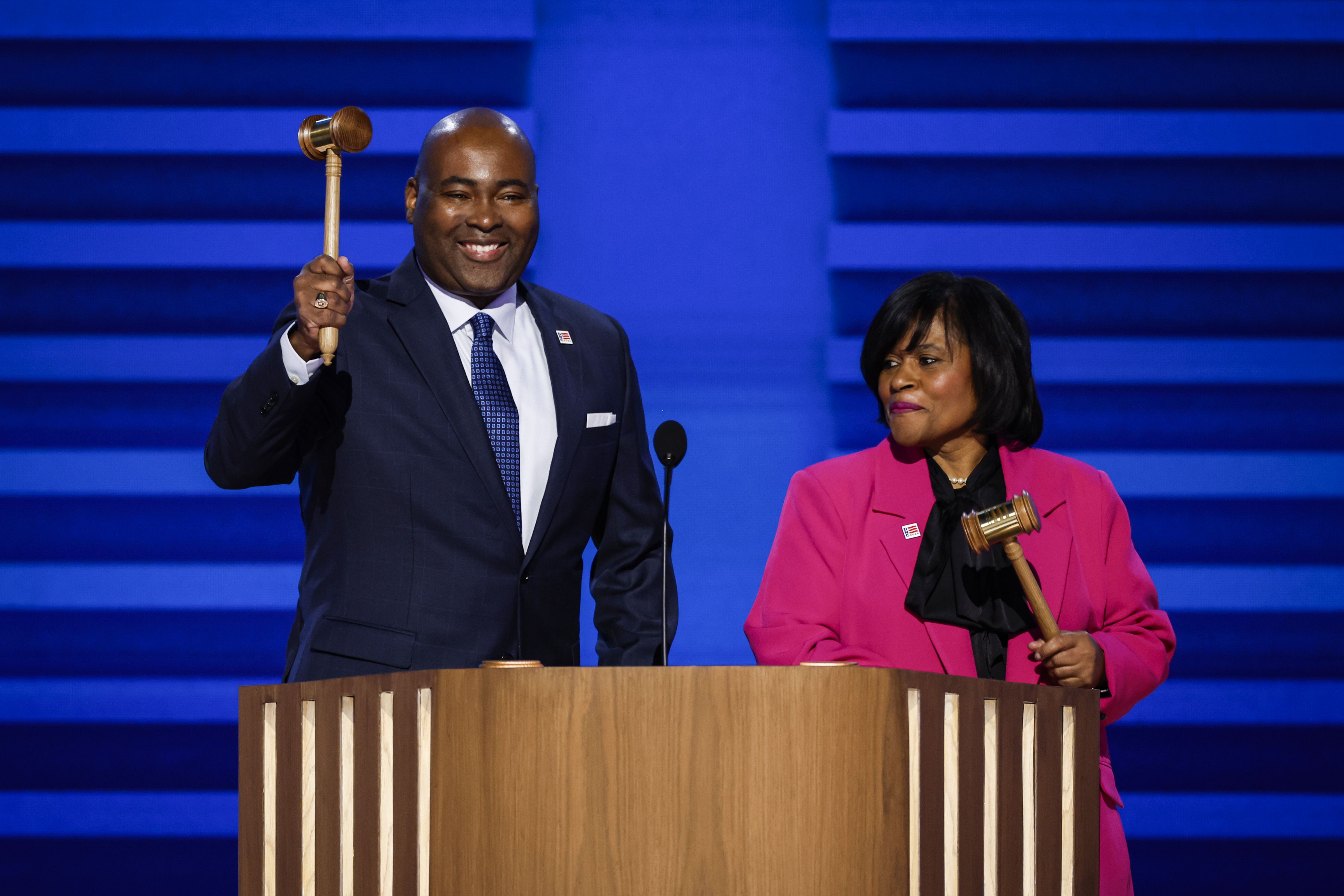  Jaime R. Harrison, Chairman of the Democratic National Committee, and Minyon Moore, Chair of the 2024 Democratic National Convention Committee, officially open the first day of the Democratic National Convention at the United Center on August 19, 2024 in Chicago, Illinois. 