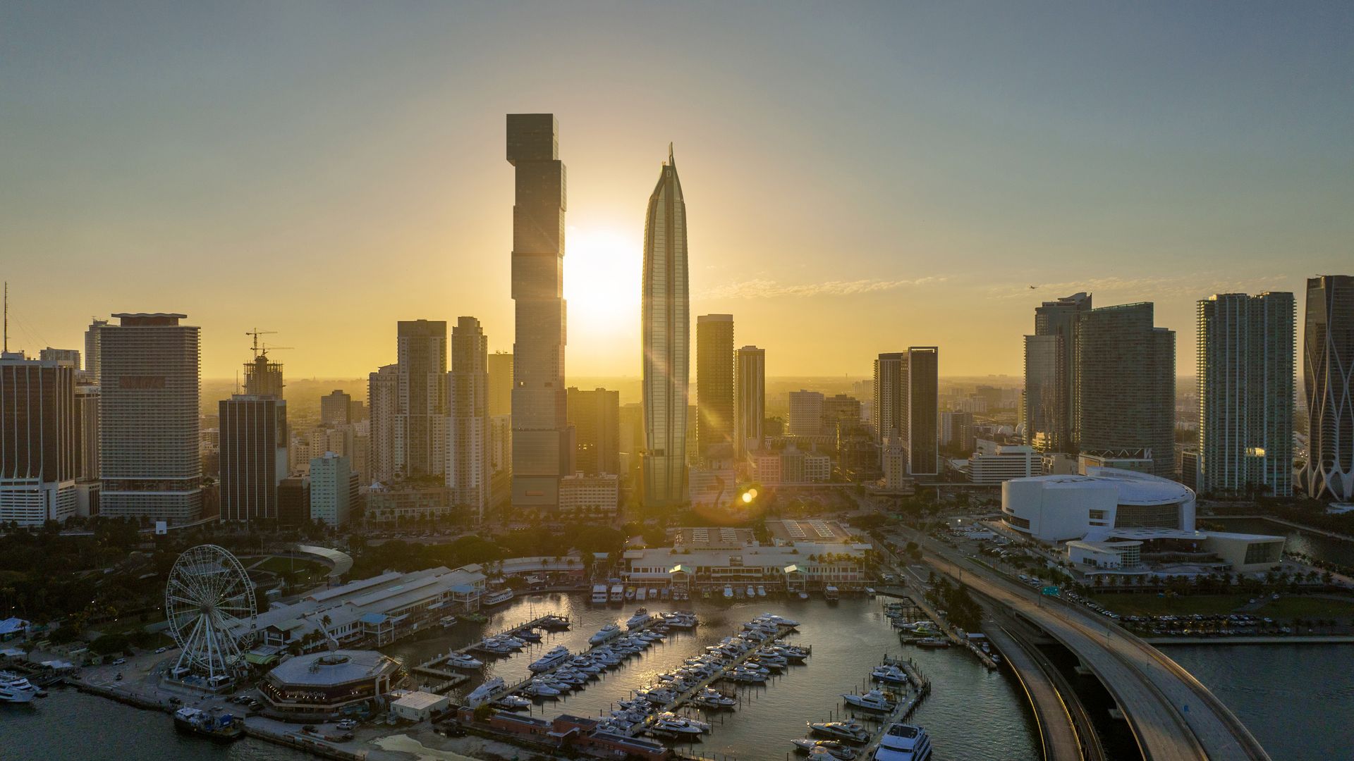 A rendering of the planned Delano Residences Miami (right) which is slated to be built near the still-under-construction Waldorf Astoria Hotel & Residences Miami (left). Credit: ARX Creative