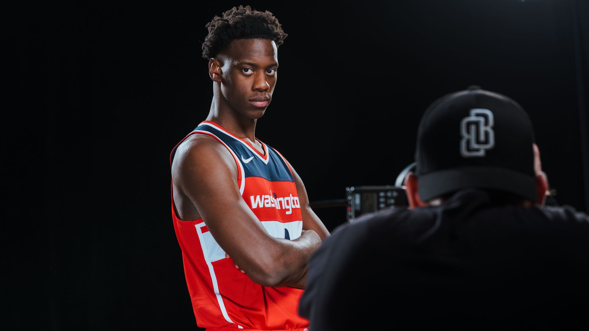 Dybantsa stares at the camera during a photo shoot. 
