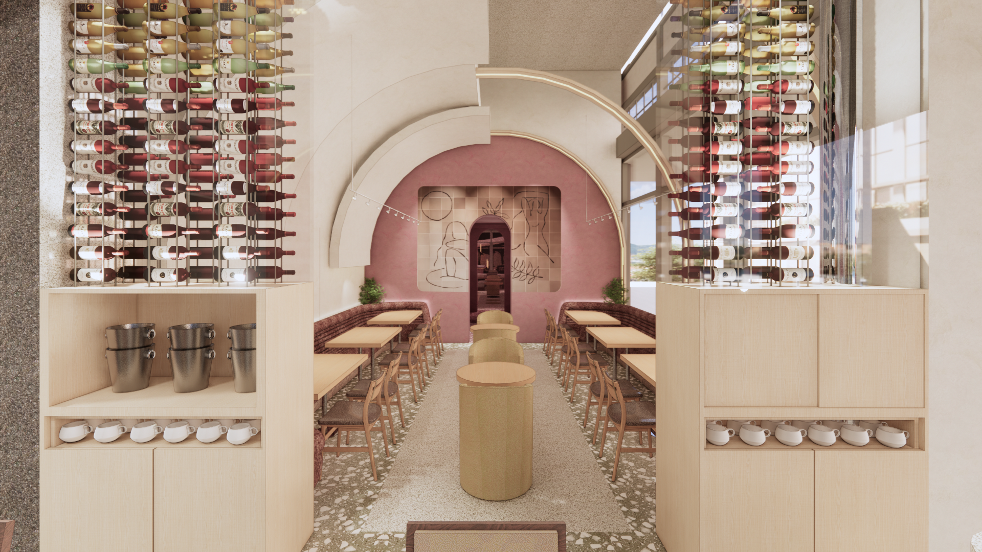 The planned interior for Ash, with exposed wine coolers and neutral colors.