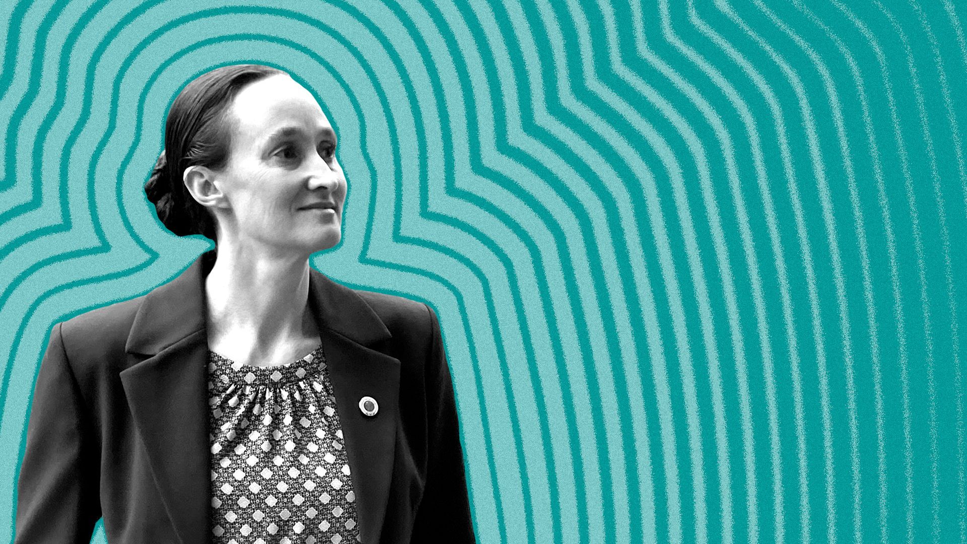 Photo illustration of Katie Wilson with lines radiating from her.