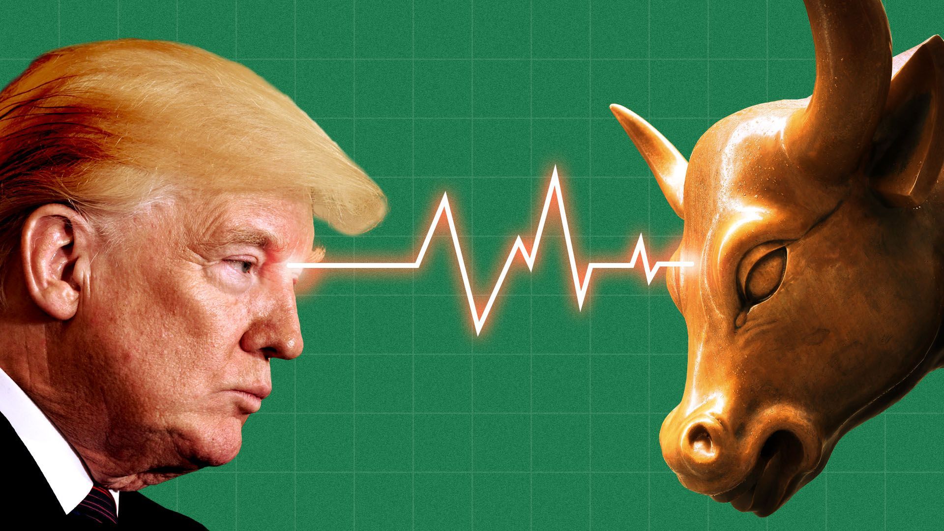 An illustration of President Donald Trump and the Wall Street bull statue facing each other with a glowing line resembling a stock chart connecting their eyes, against a green grid background.