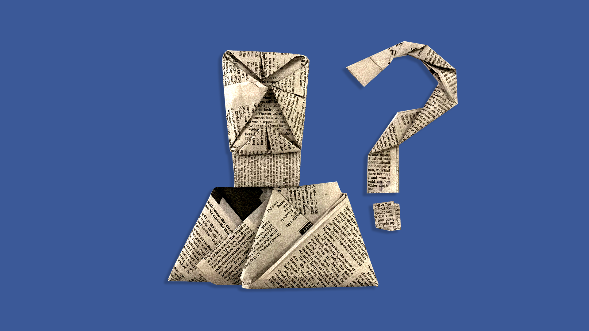 An illustration of a newspaper in a question mark shape against a Facebook blue background