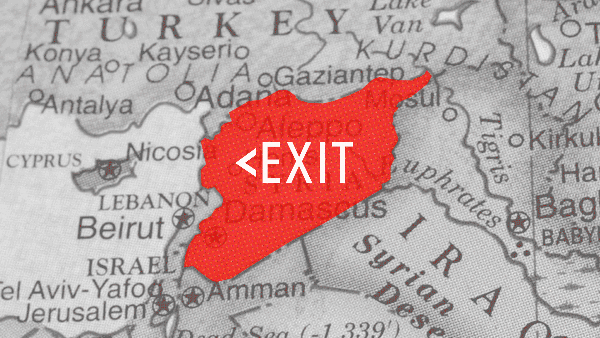 An illustration of Syria, colored in red, with a flashing "exit" sign over it 