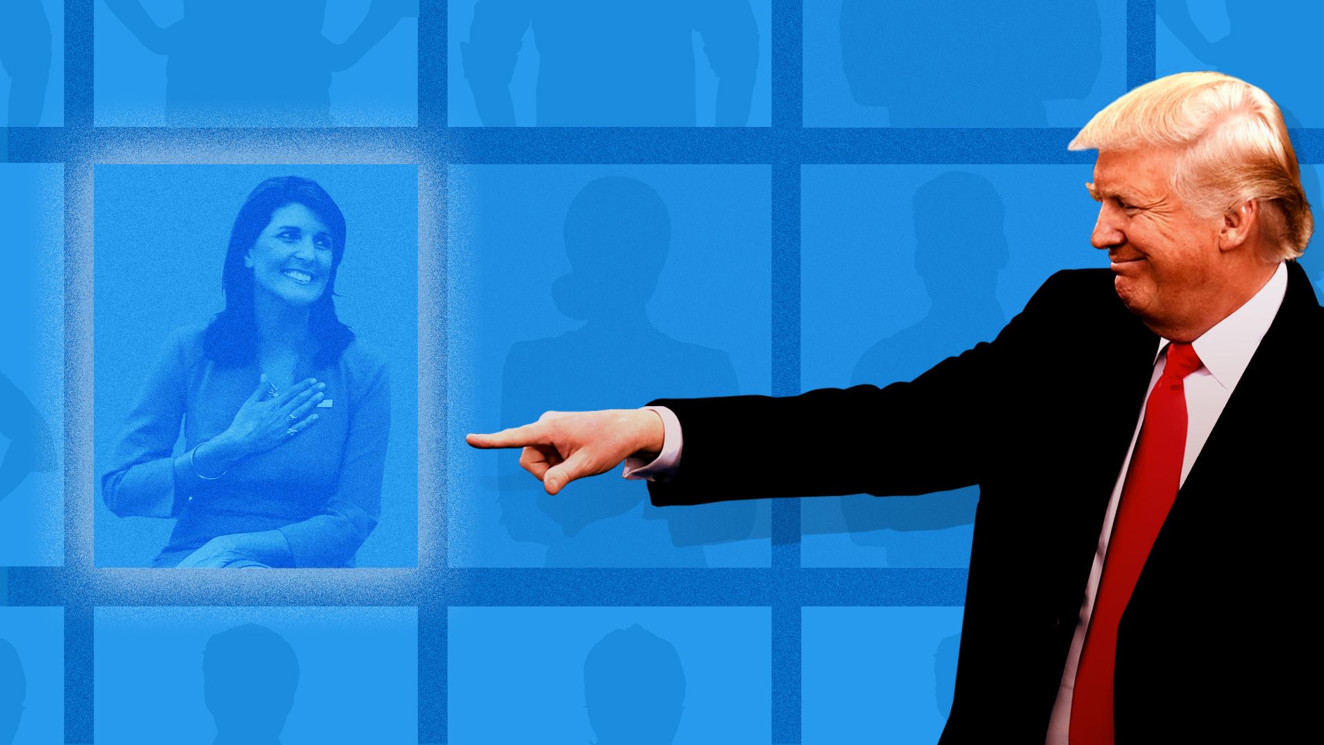 Illustration: Trump pointing at flattered Nicki Haley.