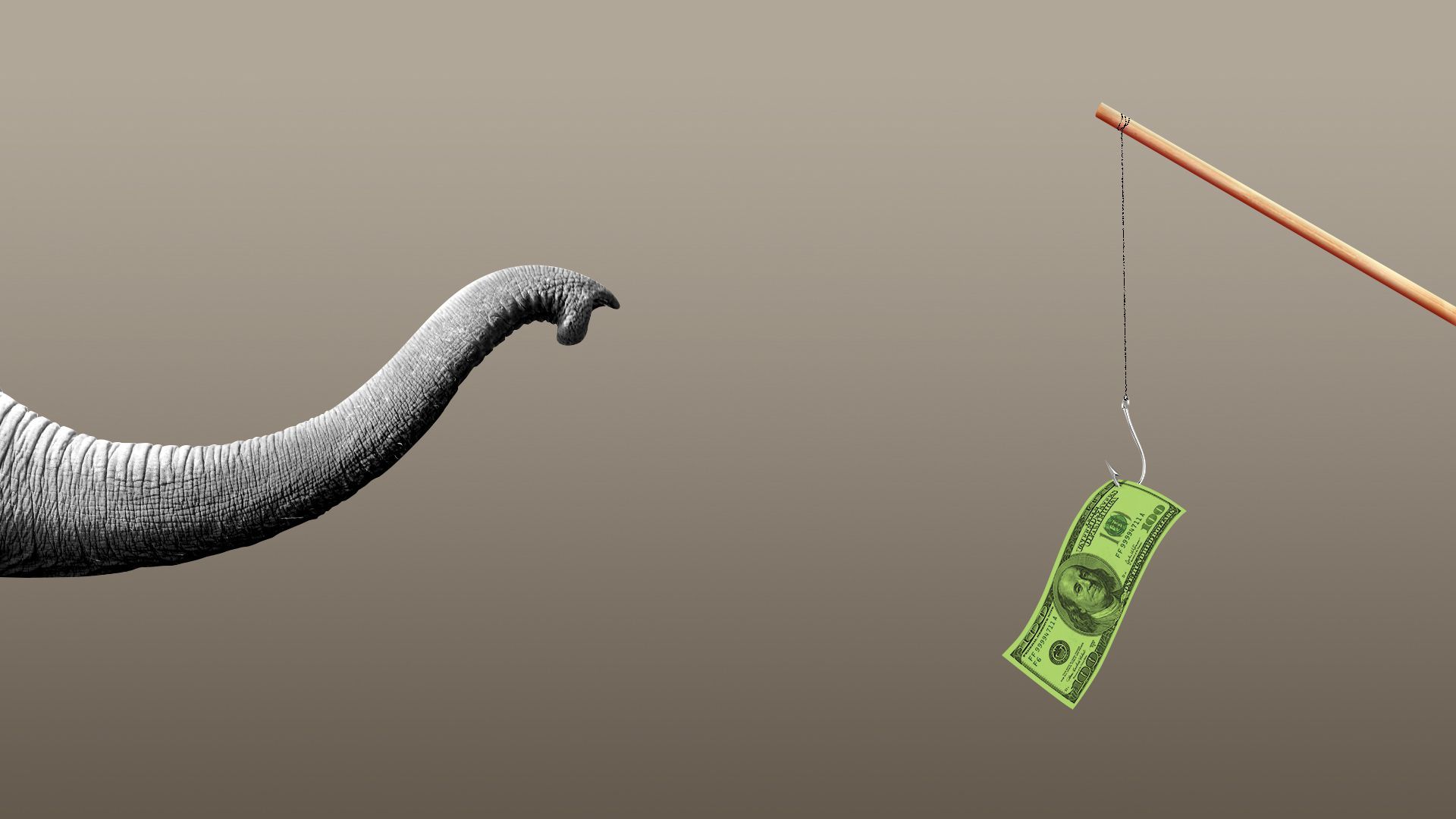 Illustration of an elephant trunk reaching for money on a hook that is coming from the right.  