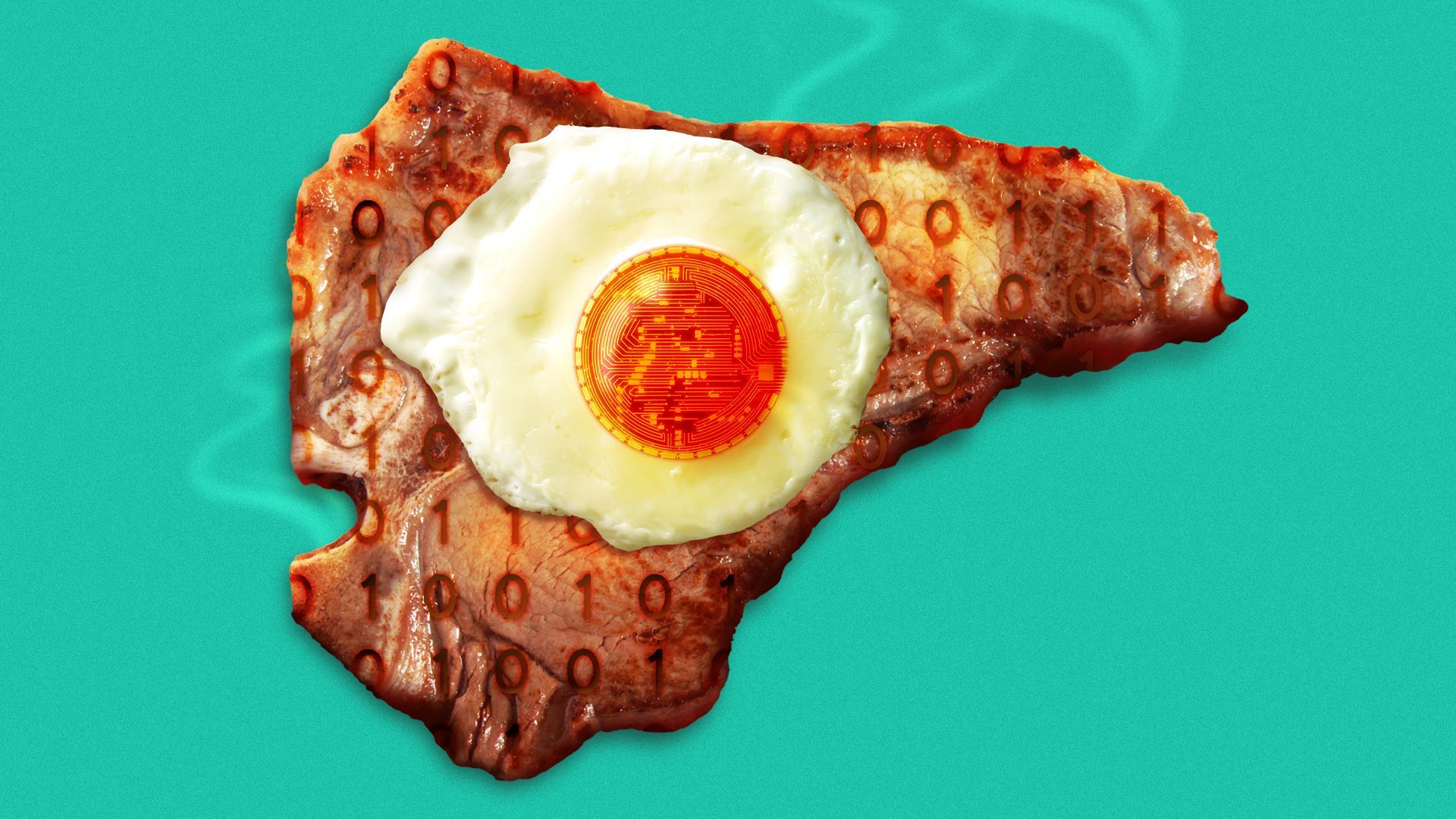 Illustration of a steak with binary code grill marks and an egg with a digital token yolk