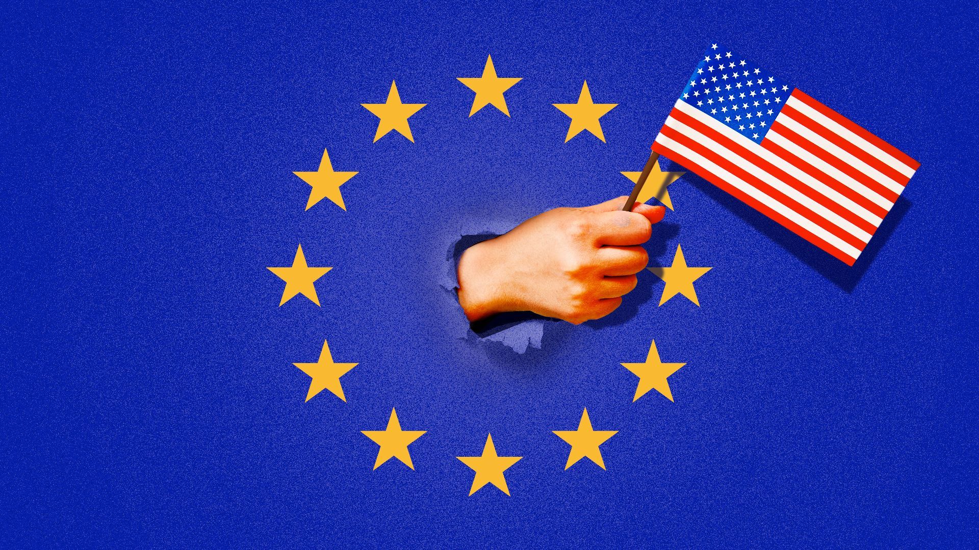 Illustration of a hand holding an American flag, breaking through the center of an EU flag. 