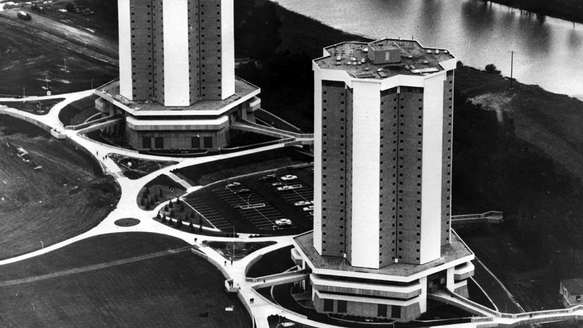 A bird's eye view of two tall residence halls on the campus of Ohio State University, seen in 1968.
