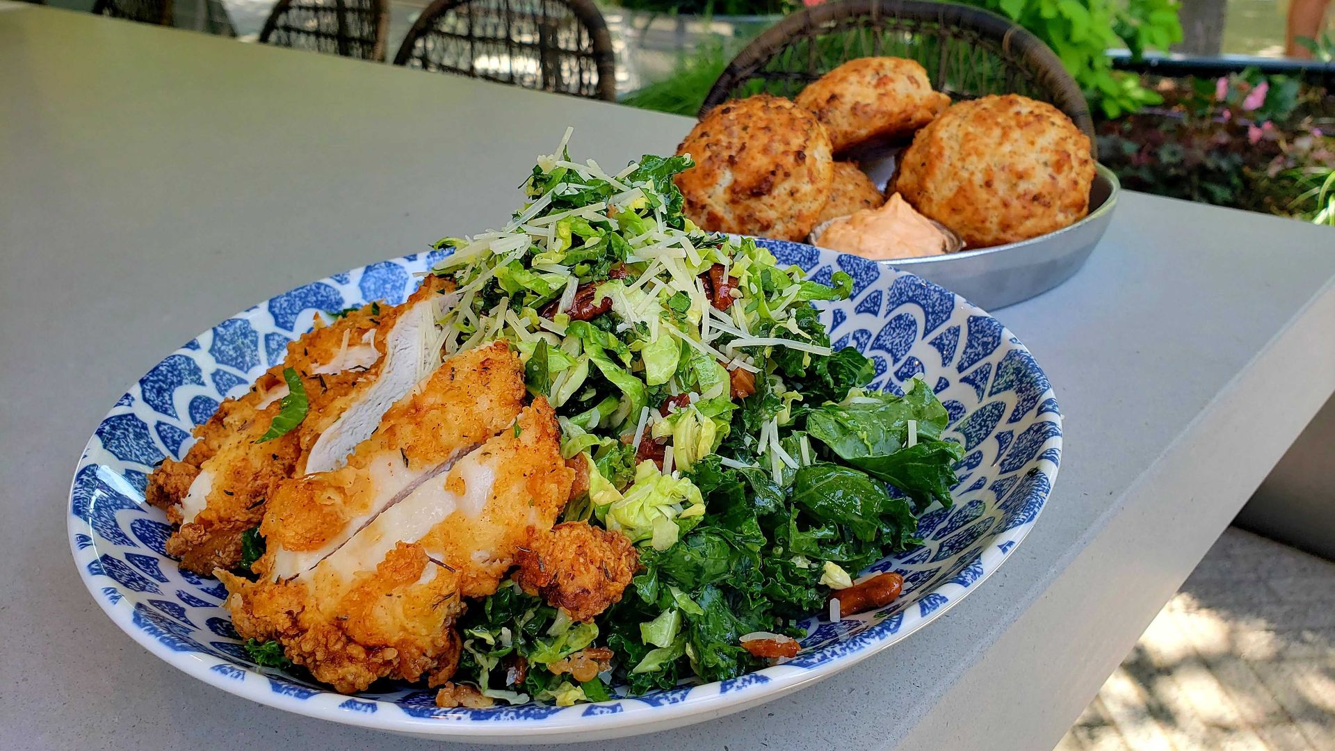 Fried chicken salad and biscuits