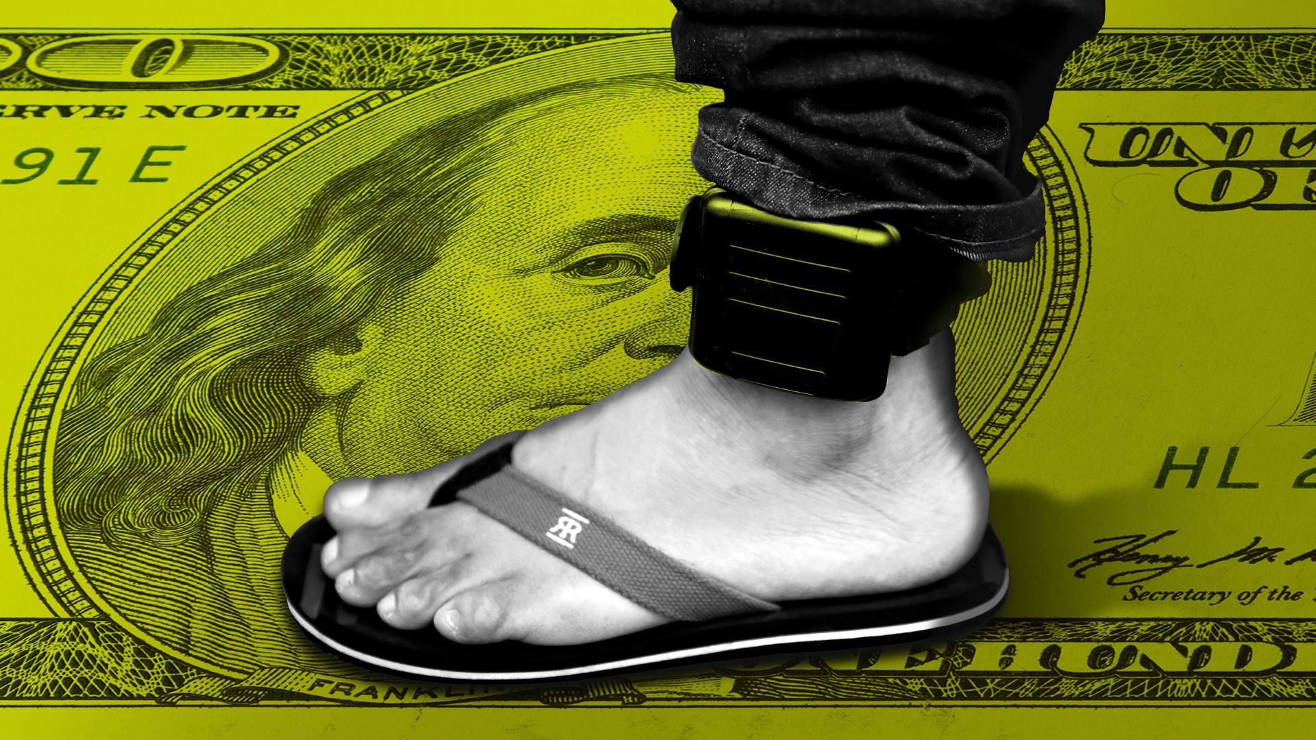Photo illustration of a man wearing an ankle monitor standing on a hundred dollar bill