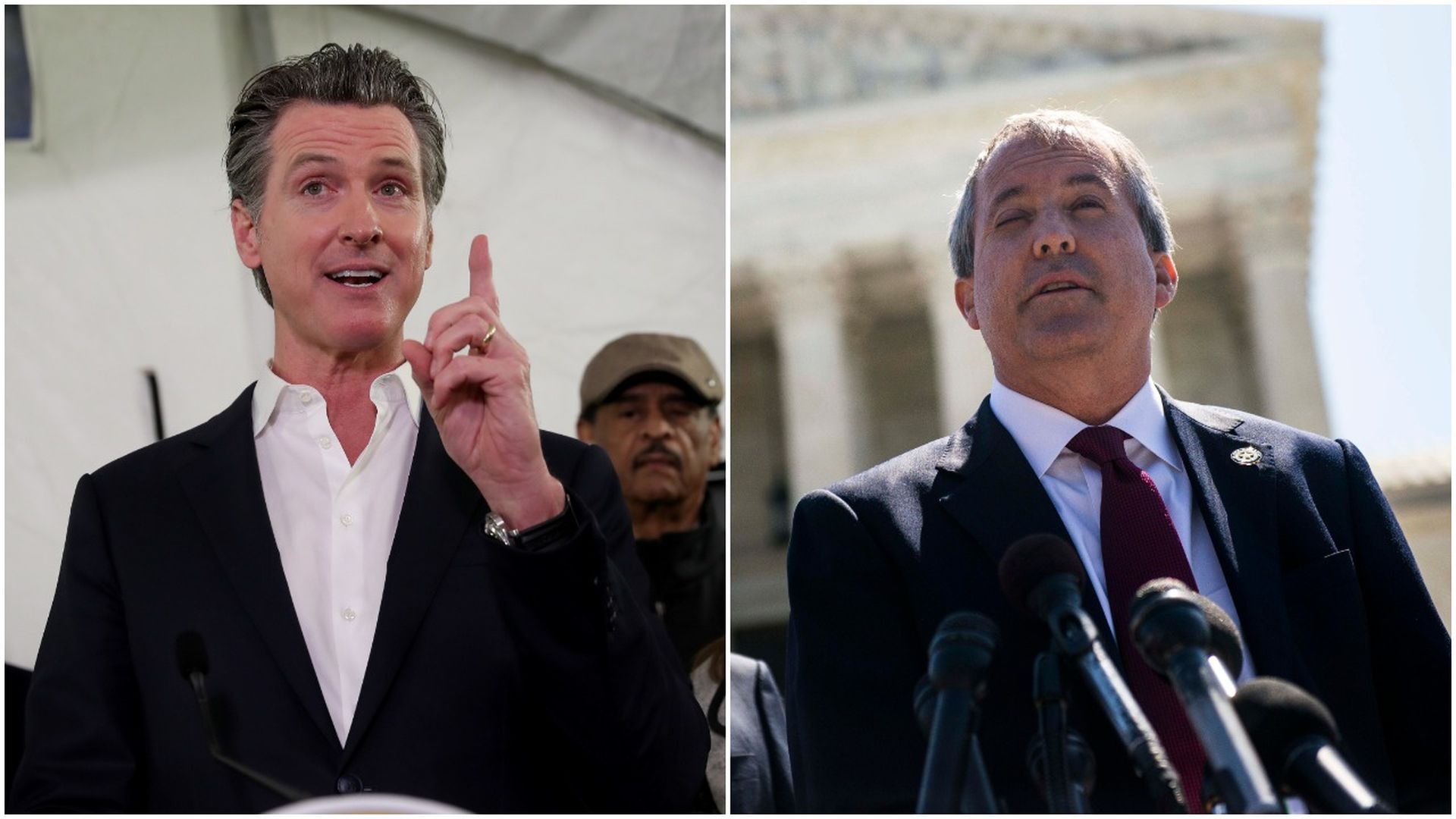 Combination photos of California Gov. Gavin Newsom and Texas Attorney General Ken Paxton