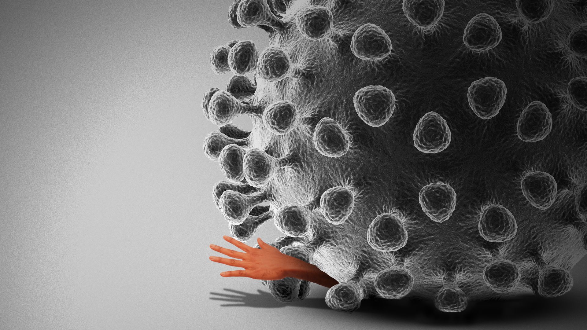 Illustration of a hand reaching out for help from under a giant virus cell.
