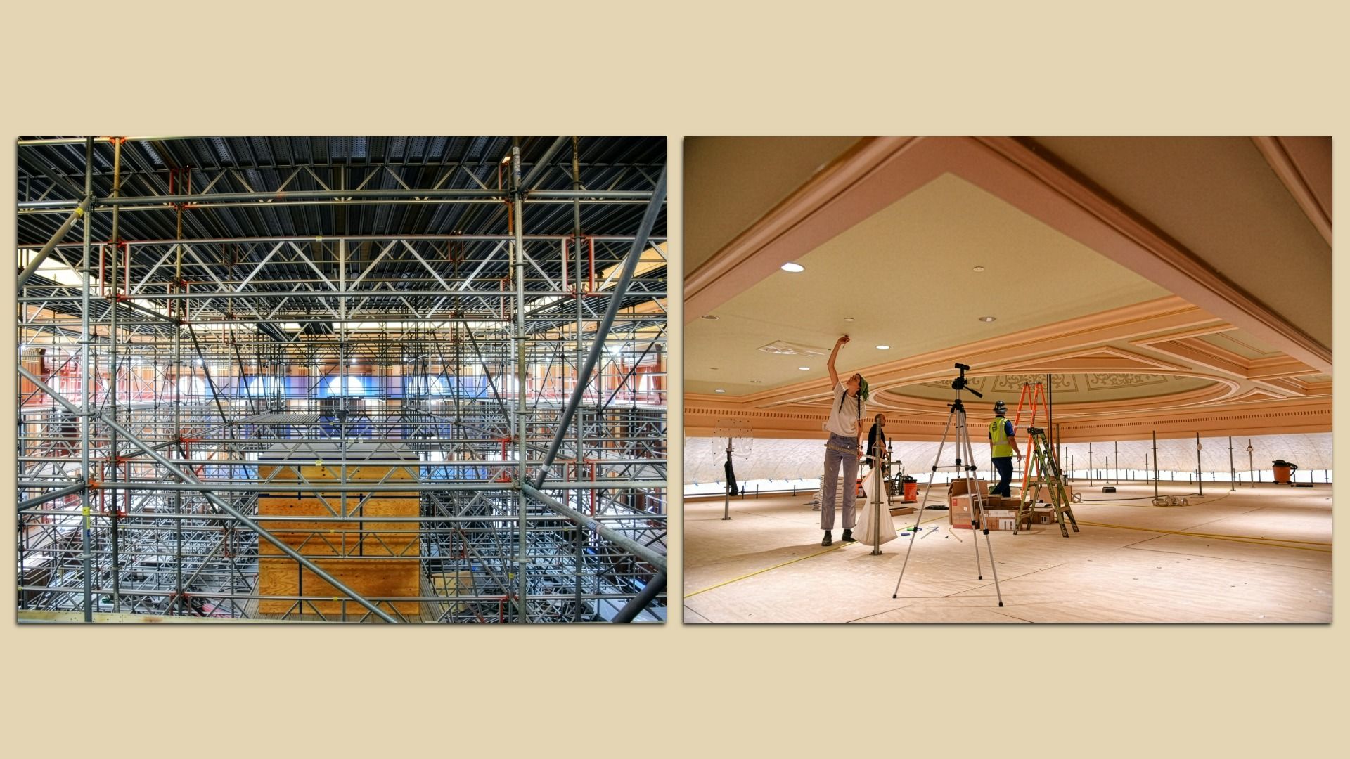 Two images: left shows extensive metal scaffolding inside a large building under construction. Right shows workers inside a space with peach-colored ceiling, one reaching up, surrounded by tools and tripods.