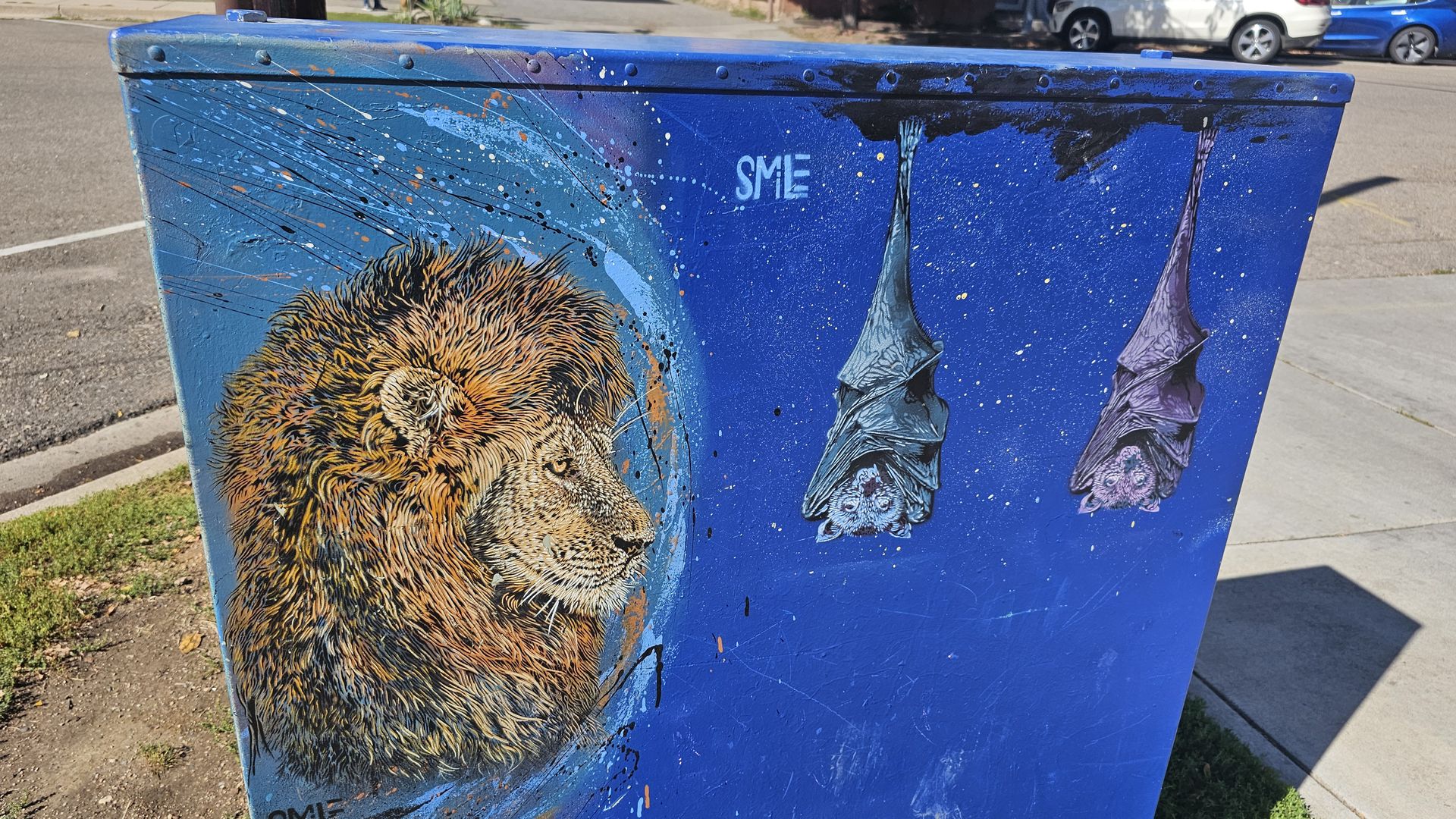 Street art on blue utility box showing a detailed lion's head on the left and two hanging bats, one blue and one purple, on the right against a speckled night sky background.