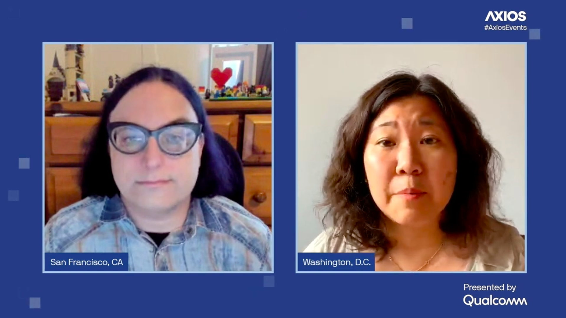 A screenshot of Axios' Ina Fried and Rep. Grace Meng speaking virtually