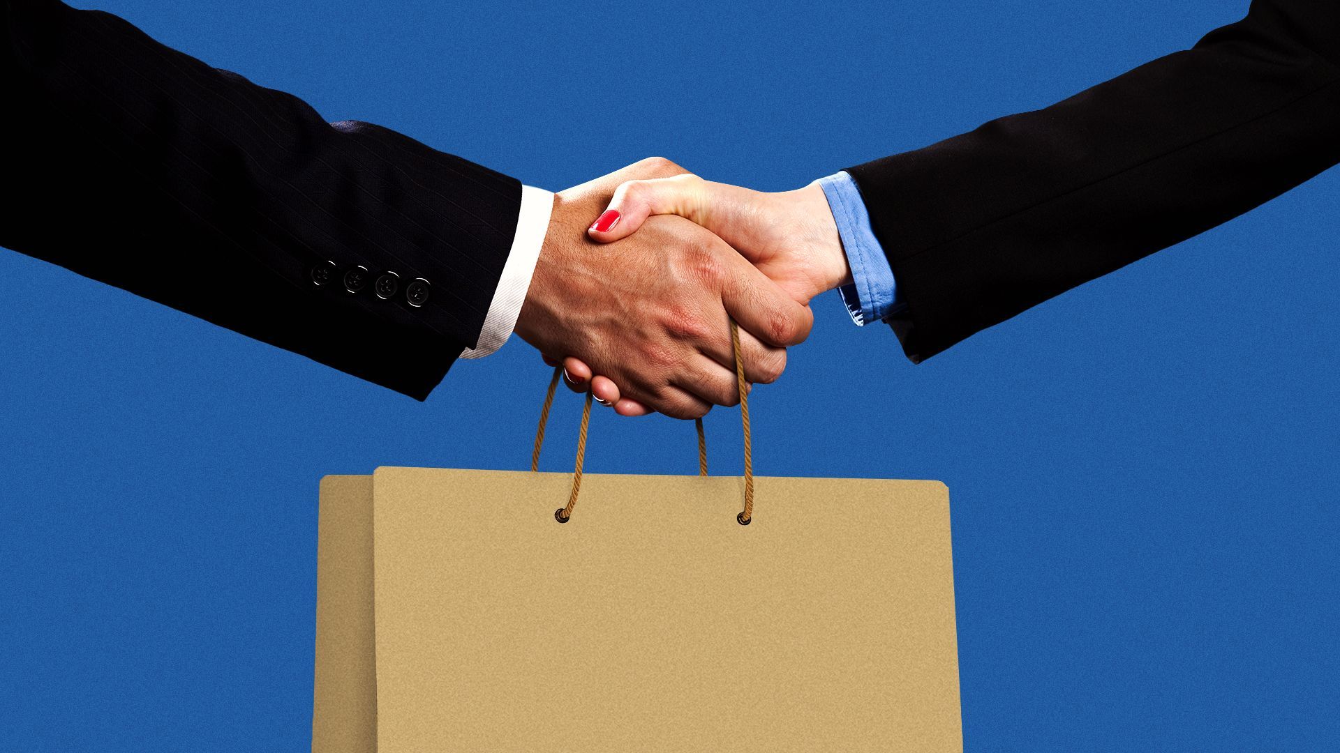 an illustration of two people shaking hands while holding a paper shopping bag