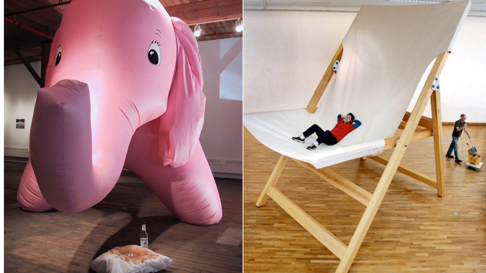 Art exhibits "Dumbo and Bourbon Pillow," left and "Folding Deck Chair" from Tristin Lowe.