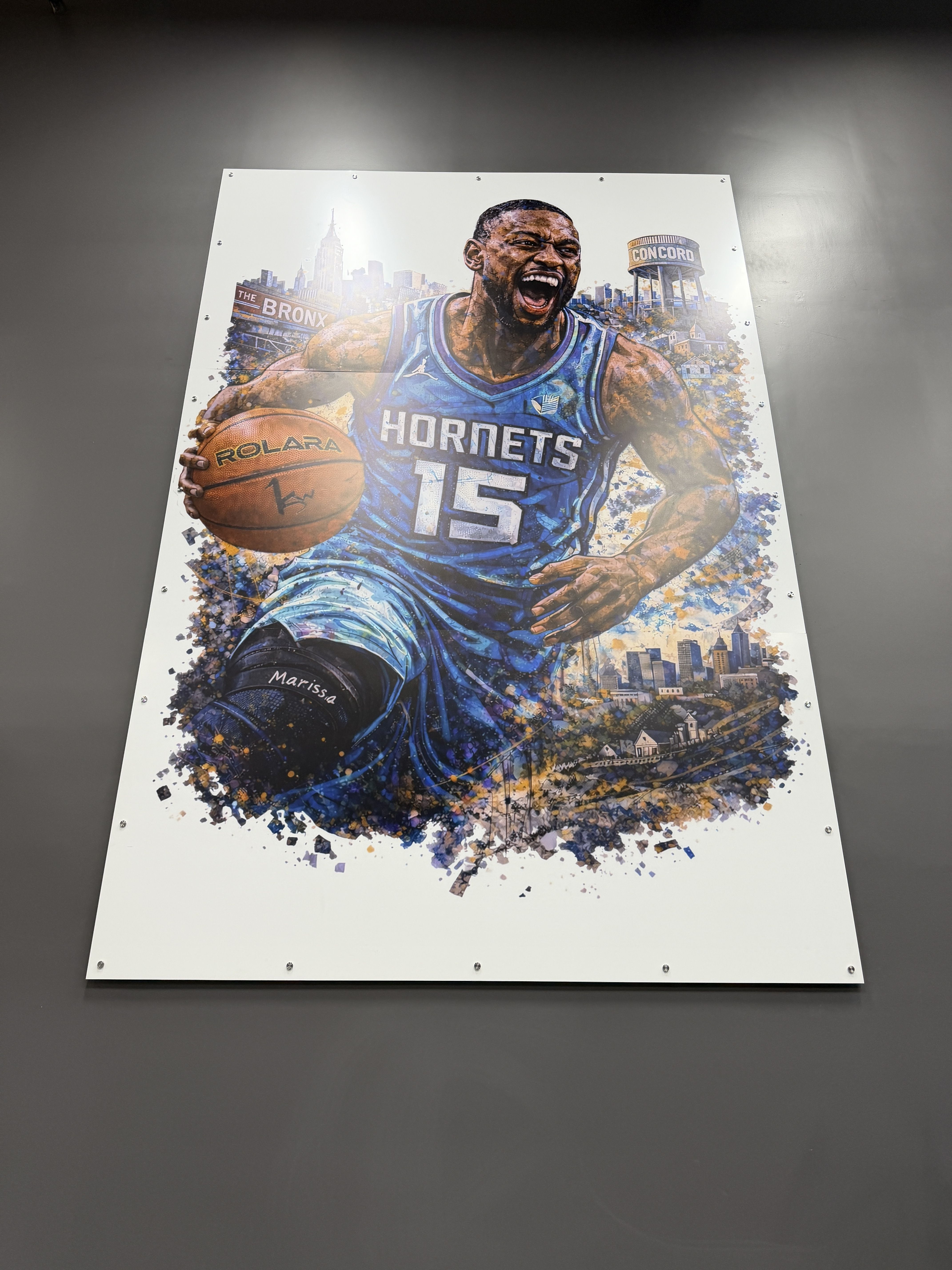 Large wall poster showing a fierce basketball player in a blue "Hornets" jersey (#15) dribbling a basketball, with a city skyline and signs "The Bronx" and "Concord" in the background.