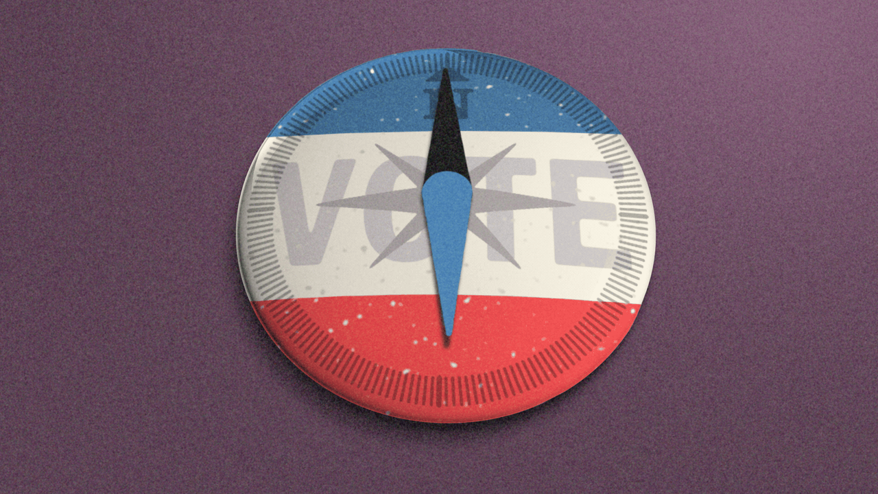 Animated illustration of a combination red, white, and blue political campaign button, reading "VOTE," and a compass. The compass needle is blue and spinning.
