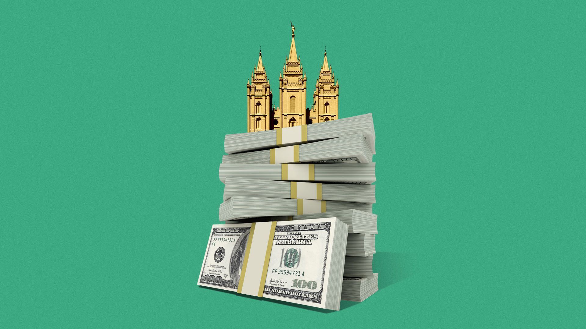 Illustration of the Mormon Church on a pile of money