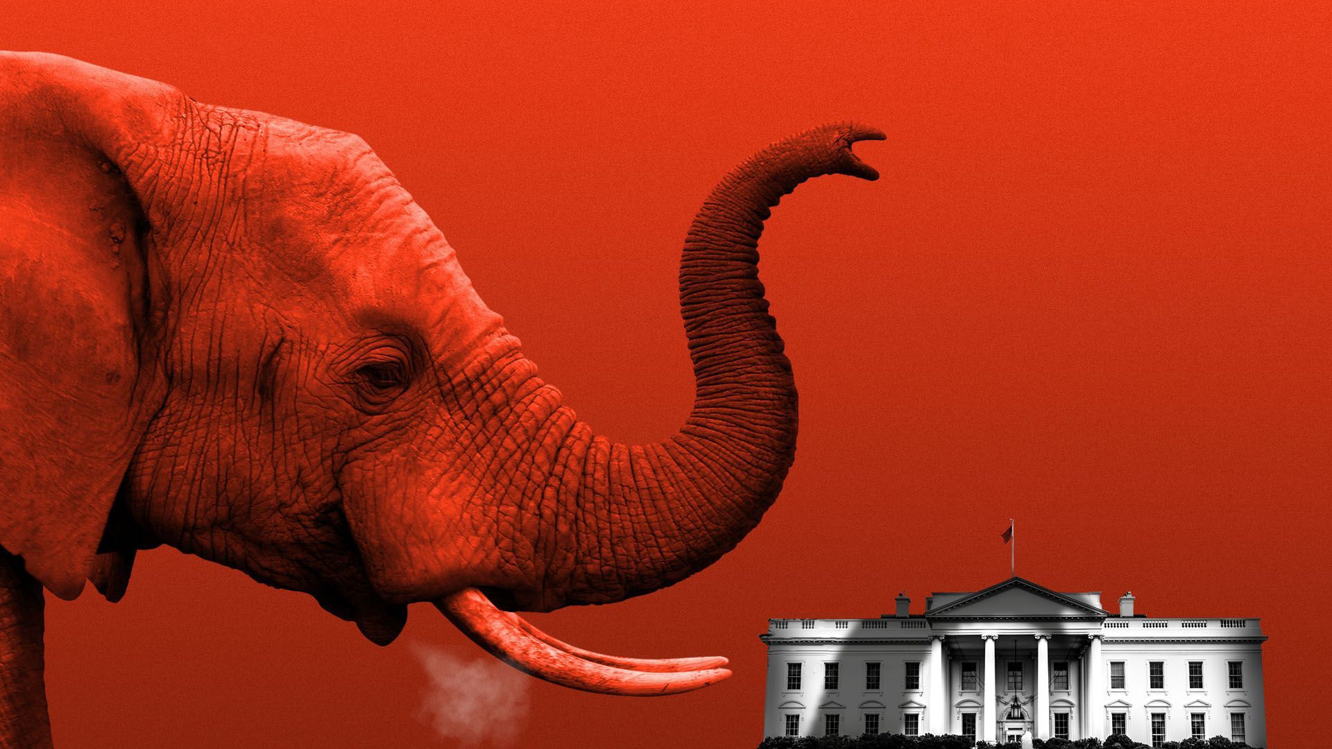 Illustration of elephant breathing next to White House