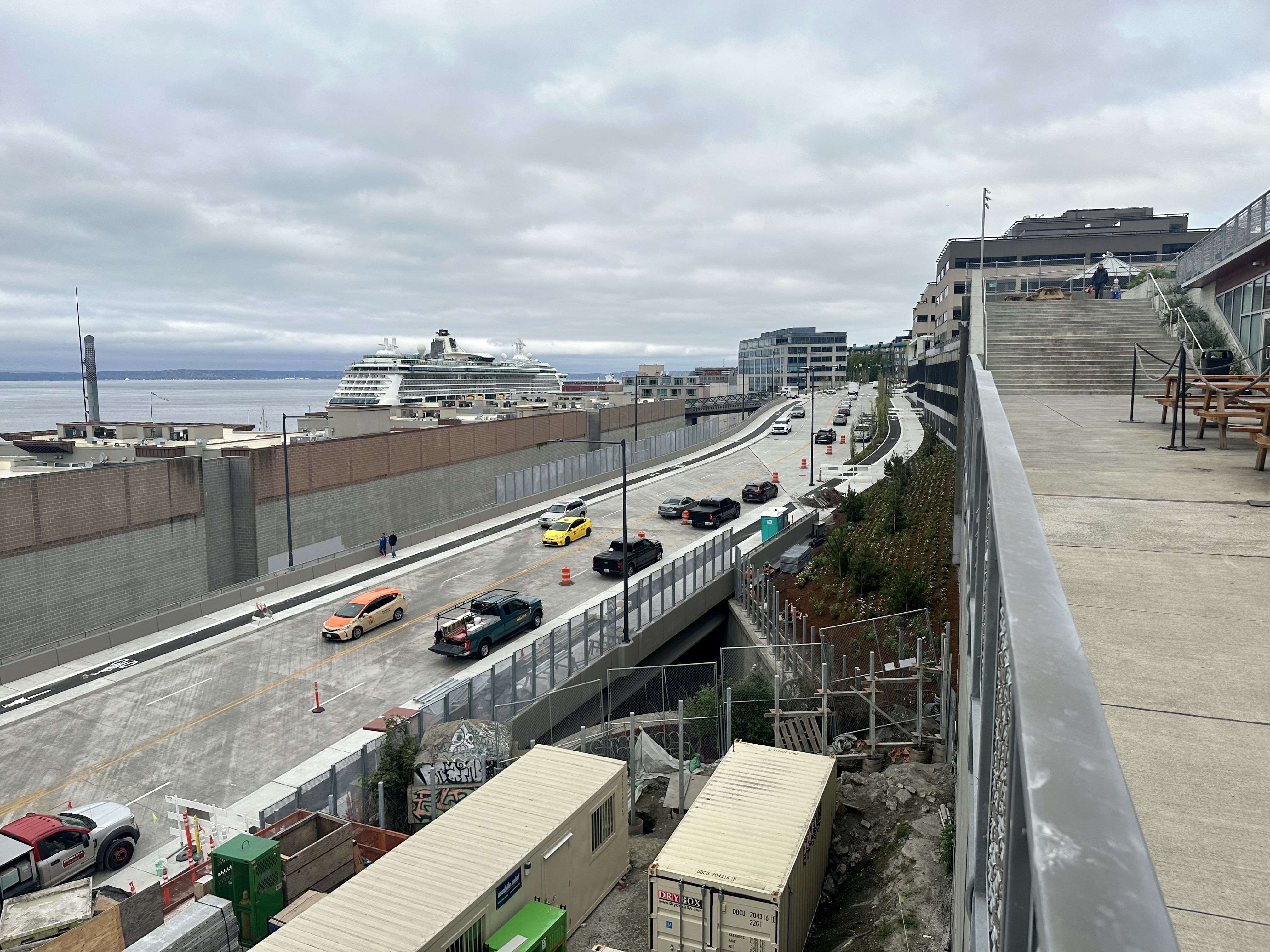 A view of part of the new Elliott Way, which is slightly elevated, from a new platform above at Pike Place Market. 