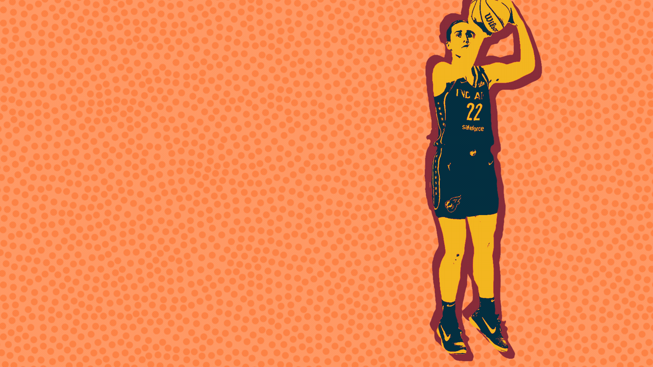 Animated illustration of Caitlin Clark driving, passing and shooting over a basketball grip pattern.