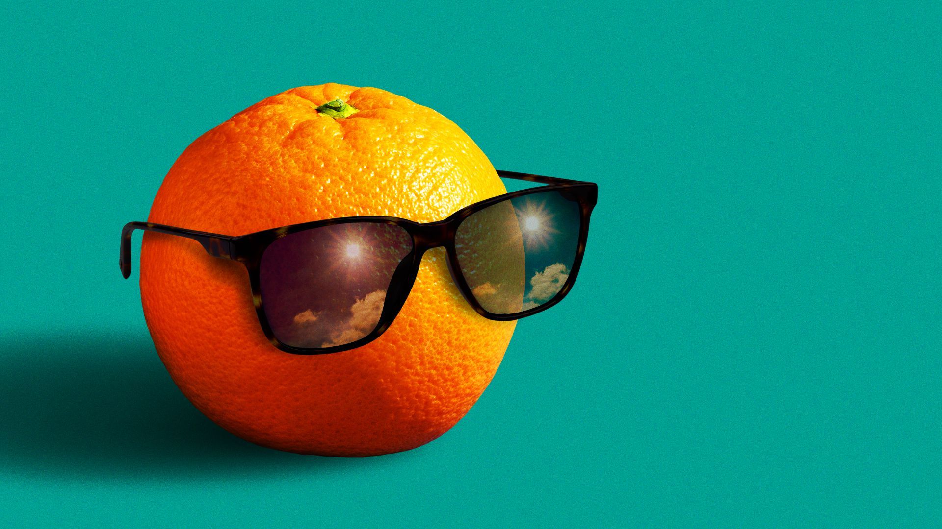 Illustration of an orange with sunglasses on a teal background.