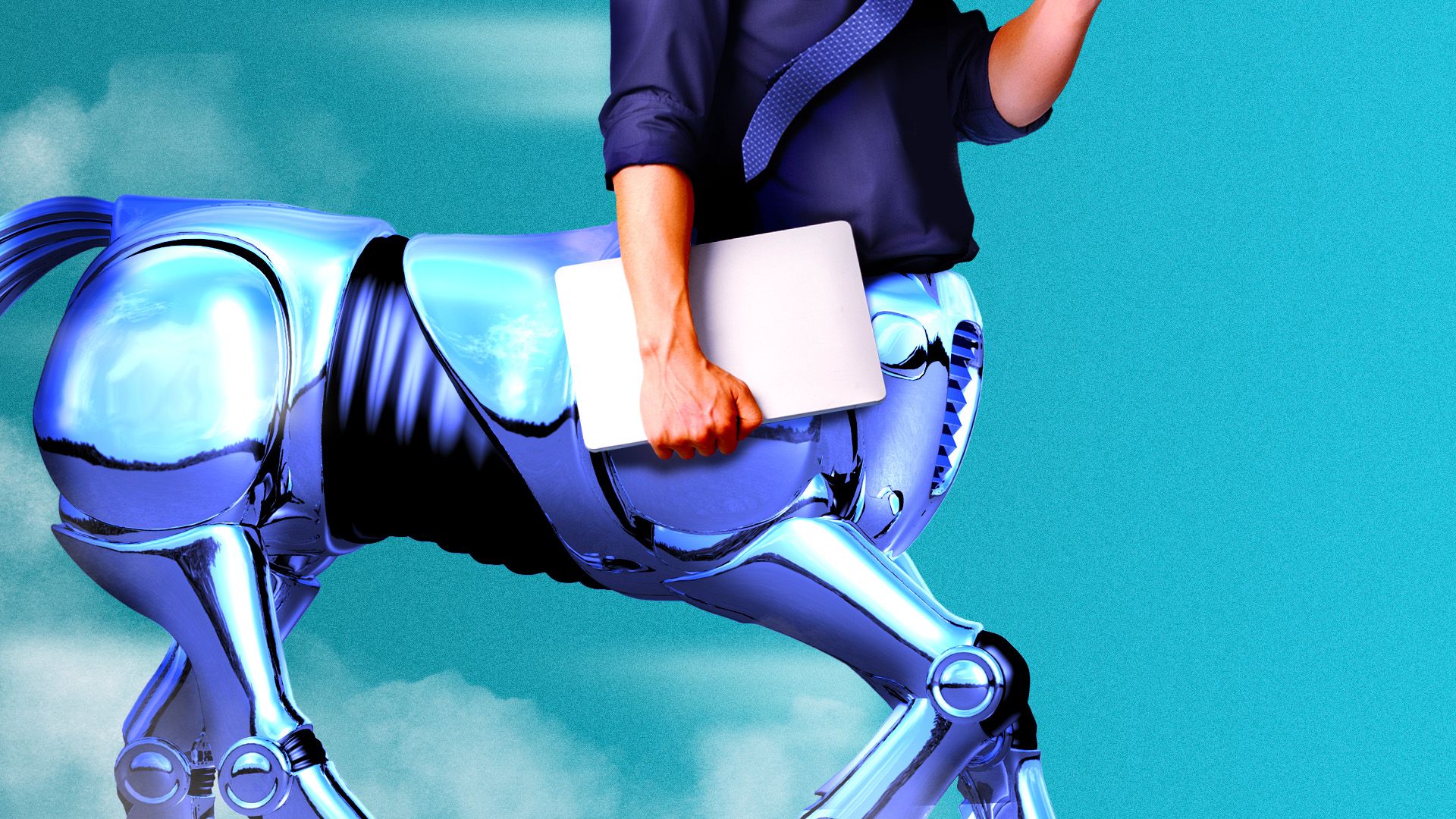 Illustration of a man holding a laptop over a mechanical horse body