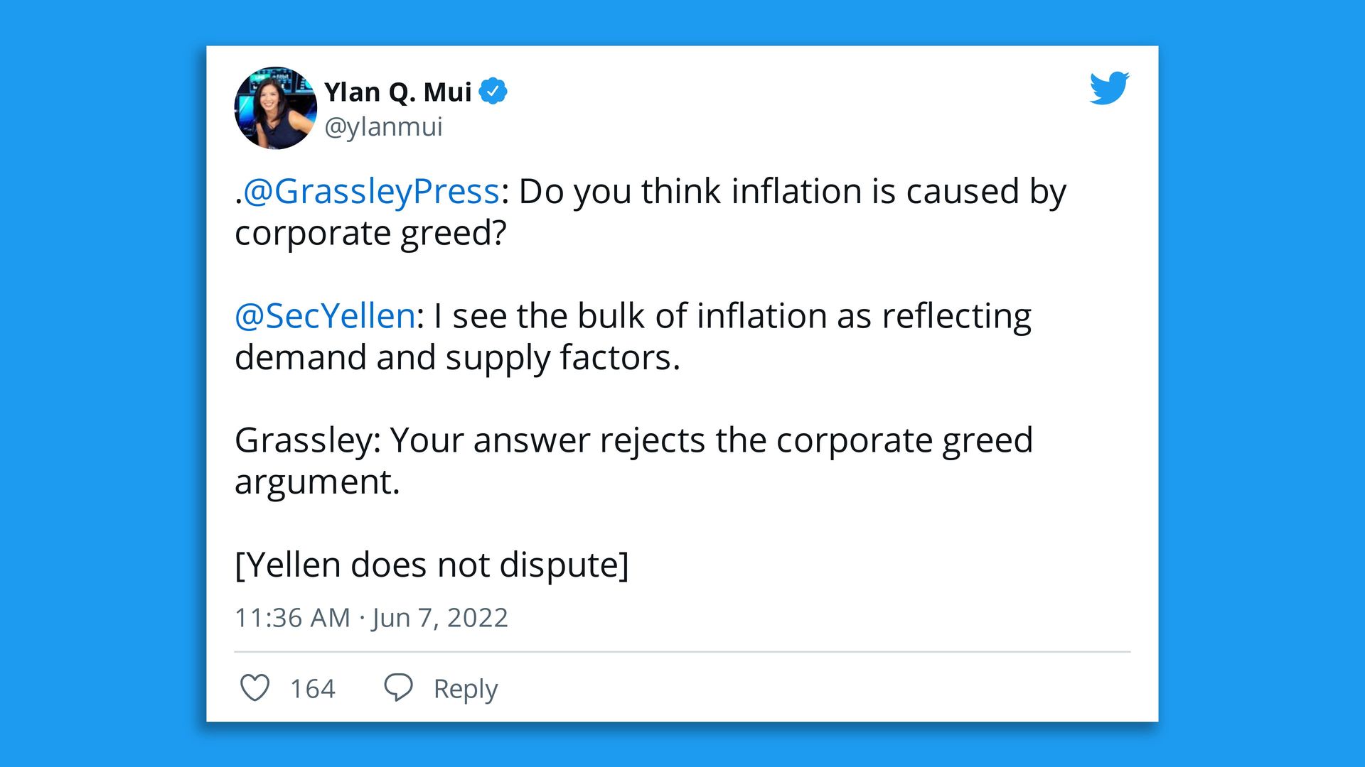 Tweet from @ylanmui about Yellen testimony on greedflation