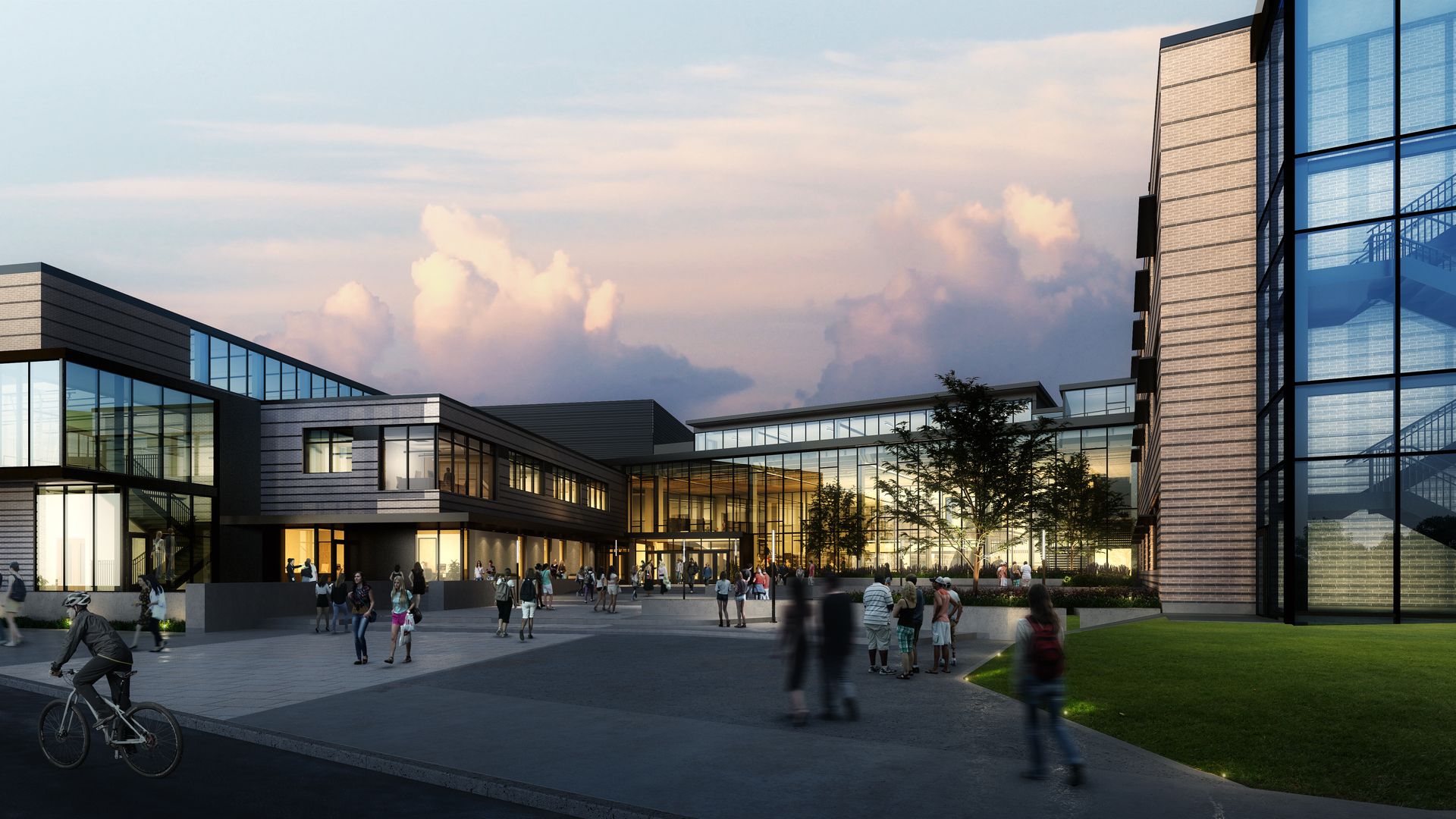 A rendering of the new high school planned for Bellevue, showing a courtyard surrounded by glass buildings.