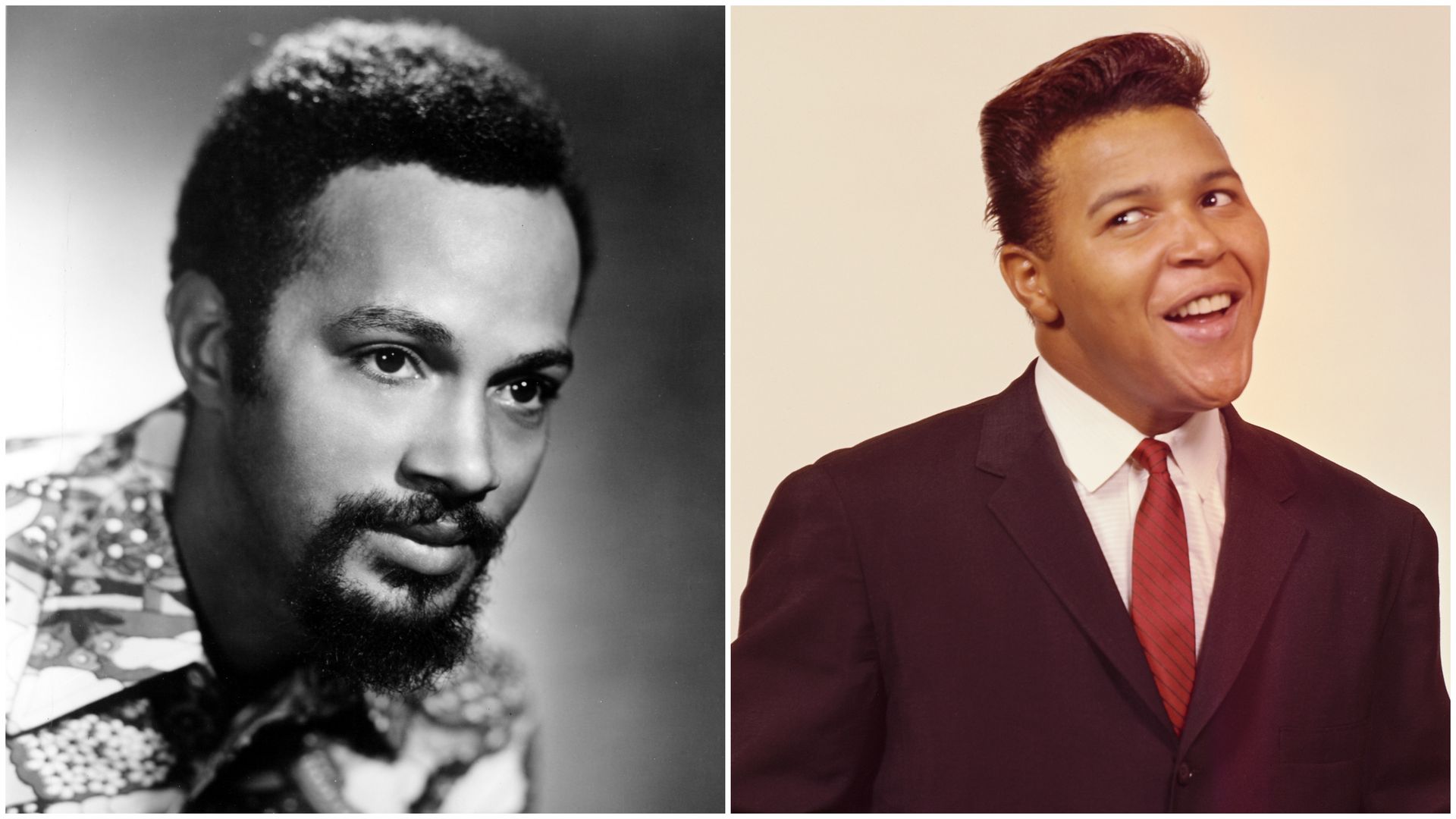 Side-by-side portraits of two men: left is a black-and-white close-up of a man with short curly hair and a beard wearing a patterned shirt; right is a color image of a smiling man in a dark suit and red tie.